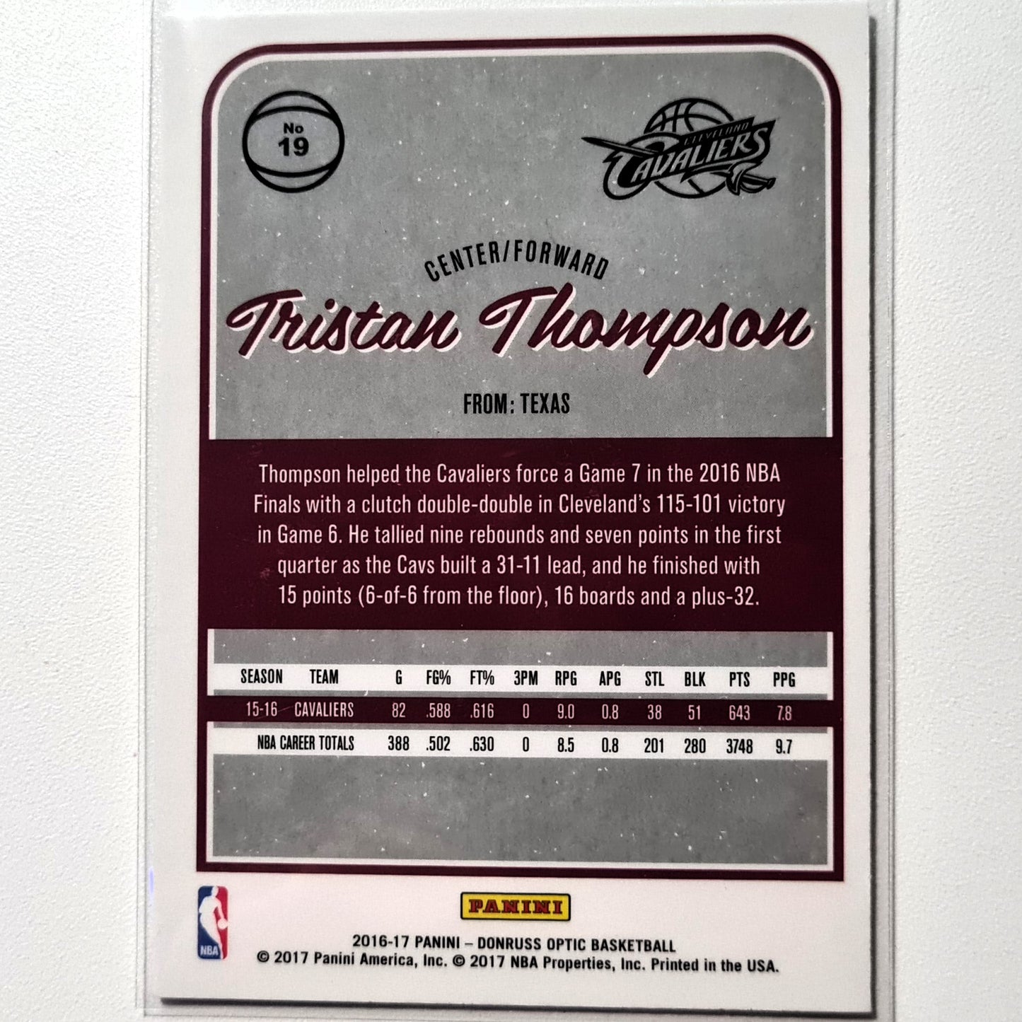 Tristan Thompson 2016-17 Panini Donruss Optic Winter #19 NBA Basketball Cleveland Cavaliers Texas Longhorns Excellent-Mint Sleeves