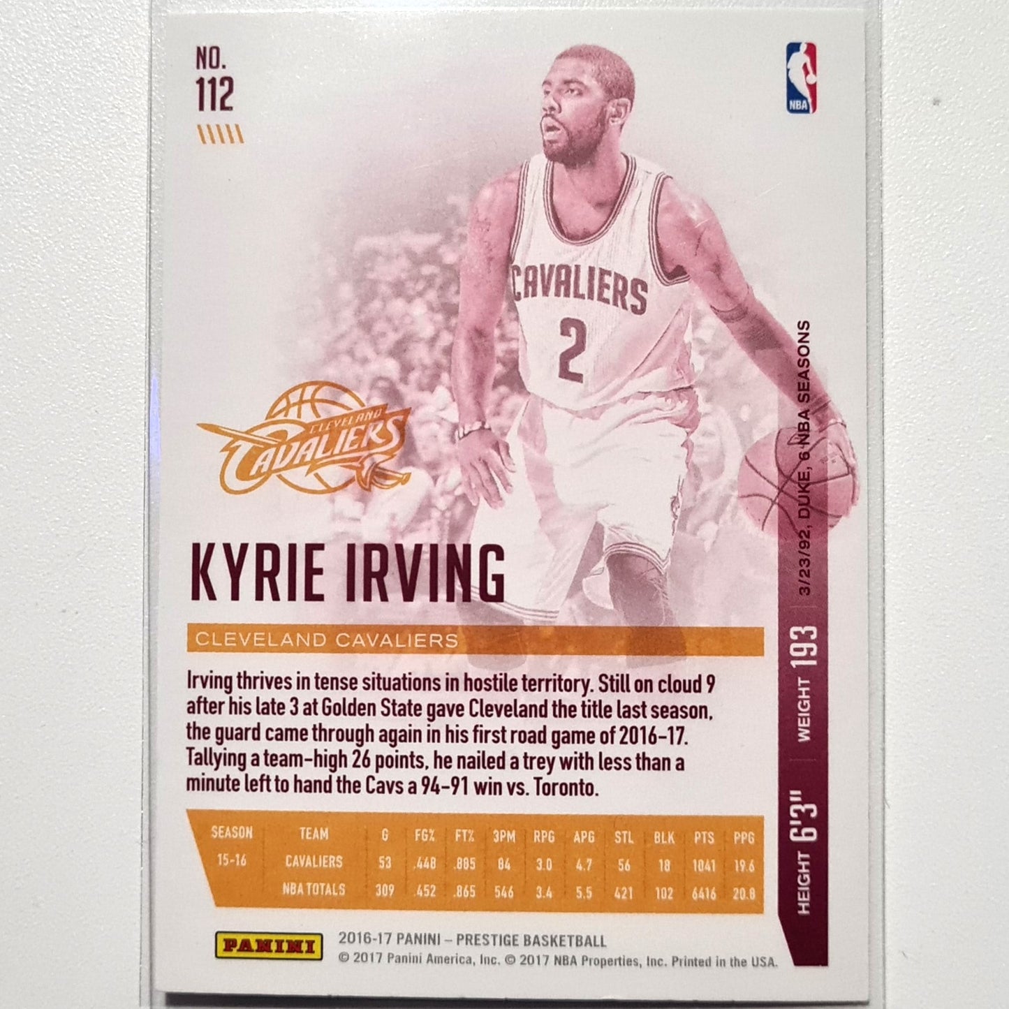 Kyrie Irving 2016-17 Panini Prestige #112 NBA Basketball Cleveland Cavaliers Excellent sleeved