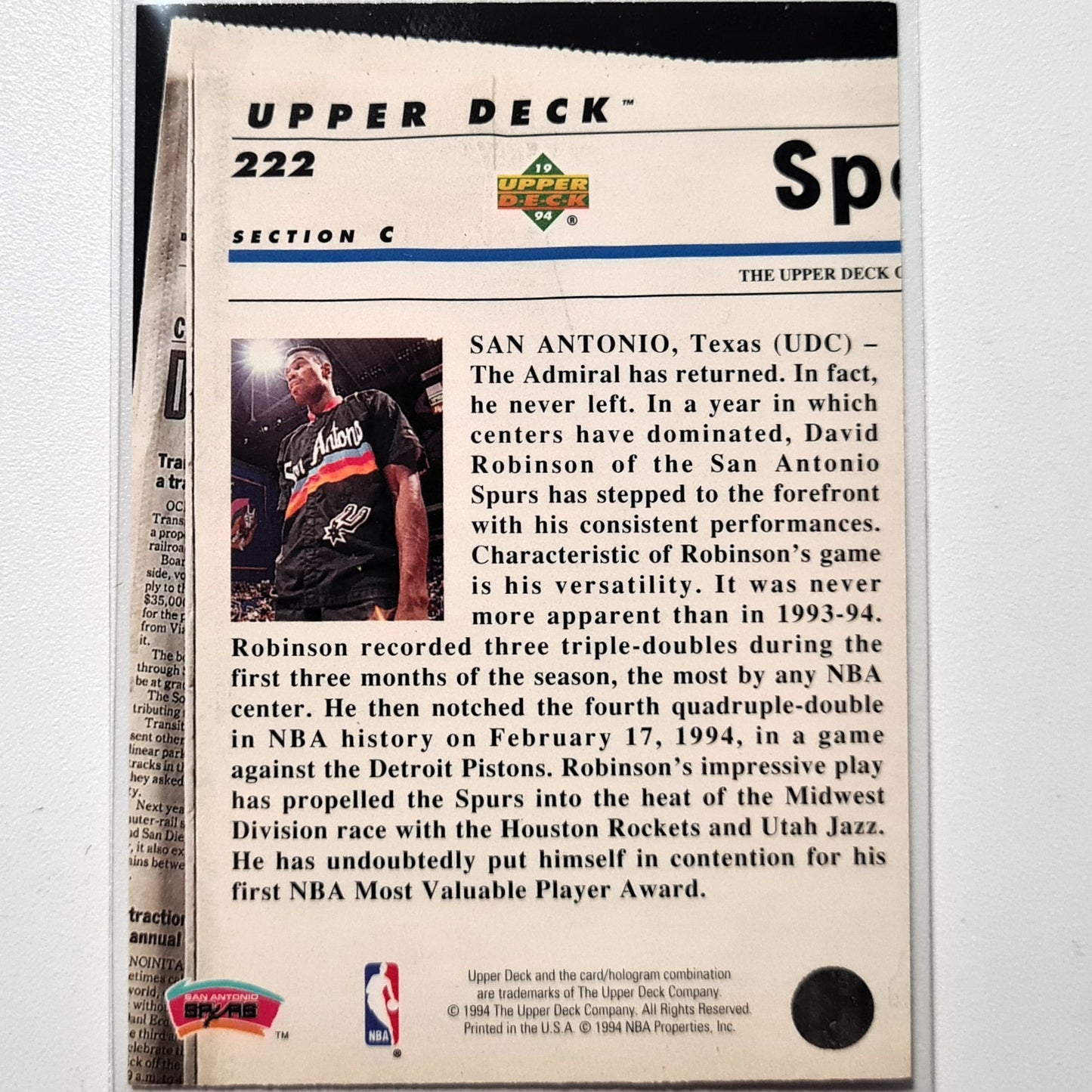 David Robinson 1994 Upper Deck #222 NBA Basketball San Antonio Spurs Very good-Excellent sleeved