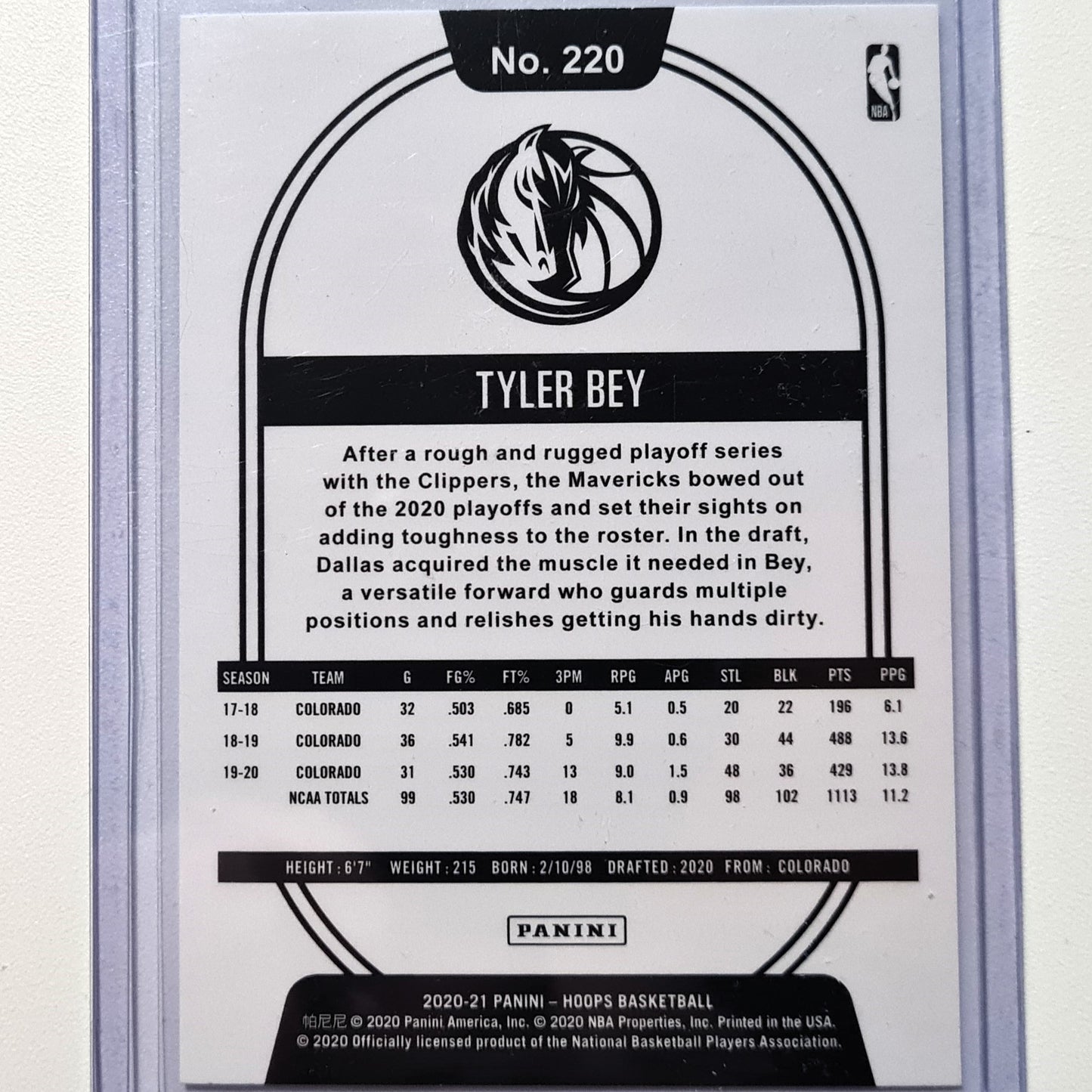 Tyler Bey 2020-21 Panini Hoops #220 NBA Basketball Dallas Mavericks Mint sleeved