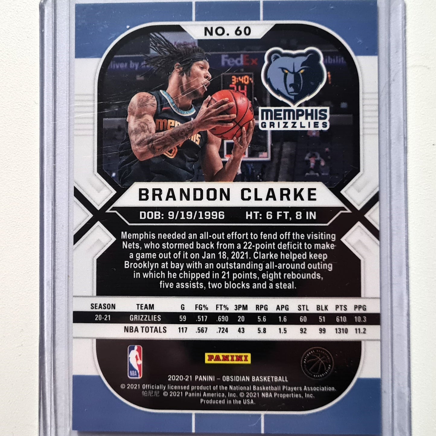 Brandon Clark 2020-21 Panini Obsidian #60 NBA Basketball Memphis Grizzlies Mint sleeved
