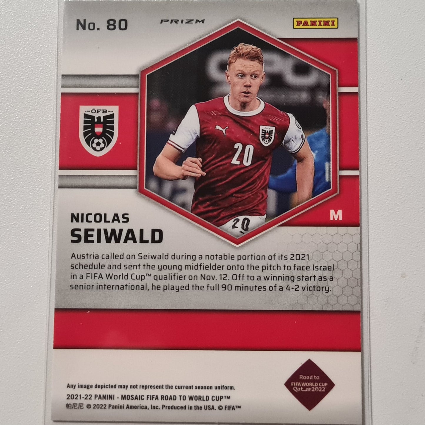 Nicolas Seiwald 2020-21 Panini Mosaic fifa road to world cup Prizm #80 Soccer Austria Mint sleeved