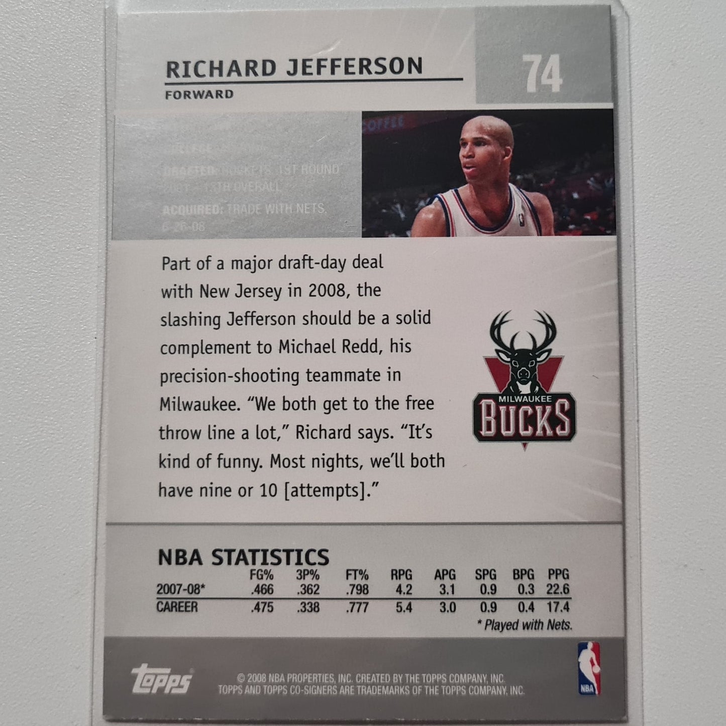 Richard Jefferson 2008 Topps Co-Signers #74 NBA Basketball Milwaukee Bucks Nets sehr gut gesleevt