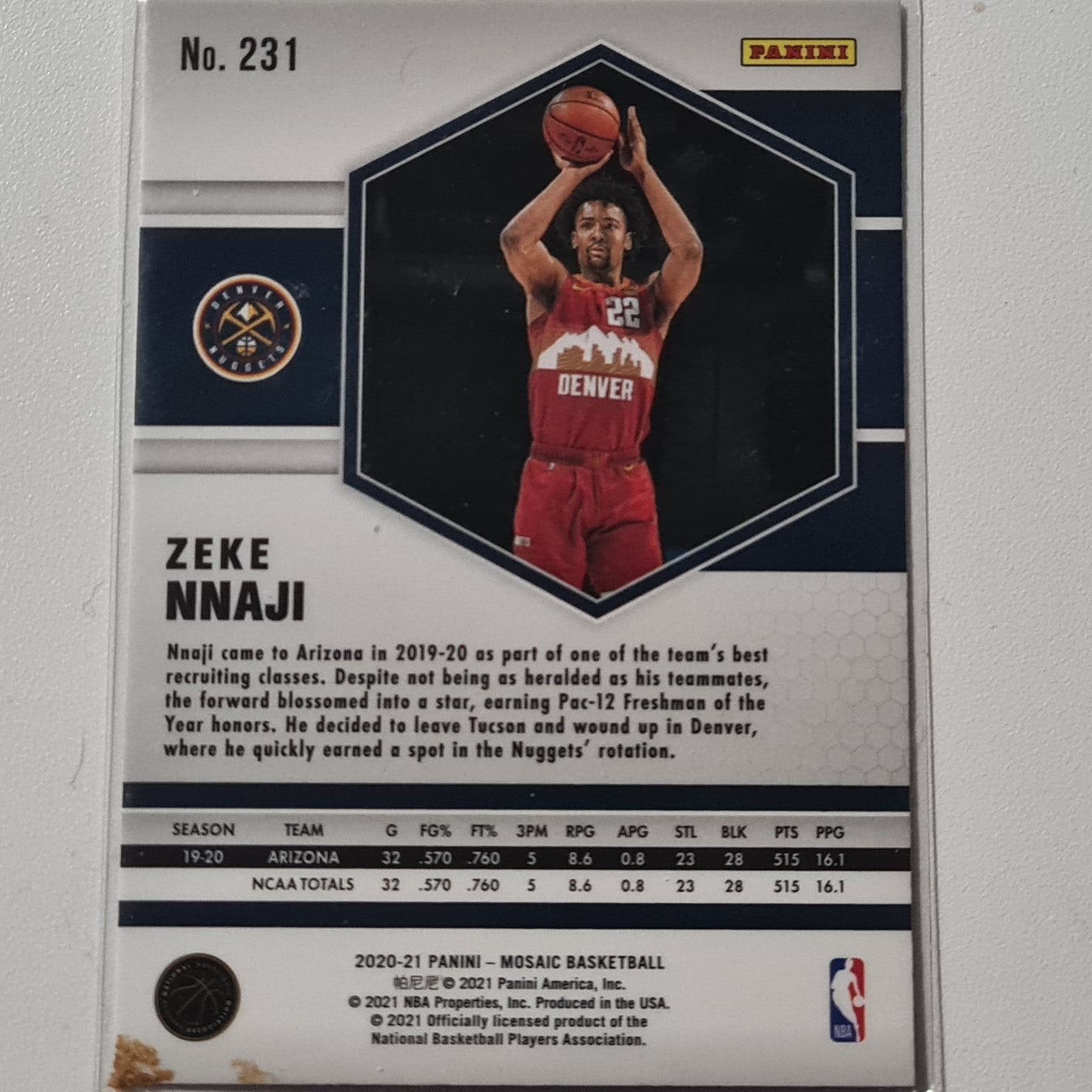 Zeke Nnaji 2020-21 Panini Mosaic Rookie RC #231 NBA Basketball Denver Nuggets Excellent sleeved