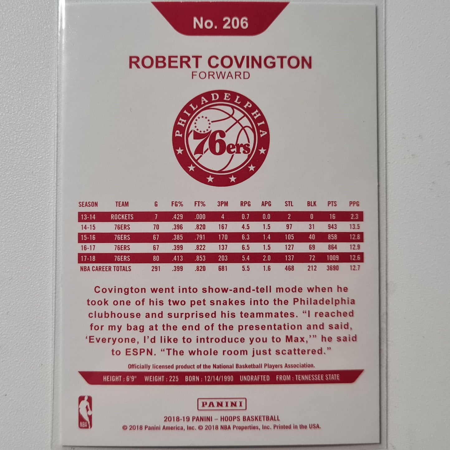 Robert Covington 2018-19 Panini Hoops red back rare #206 NBA Basketball Philadelphia 76ers Excellent/Mint sleeved
