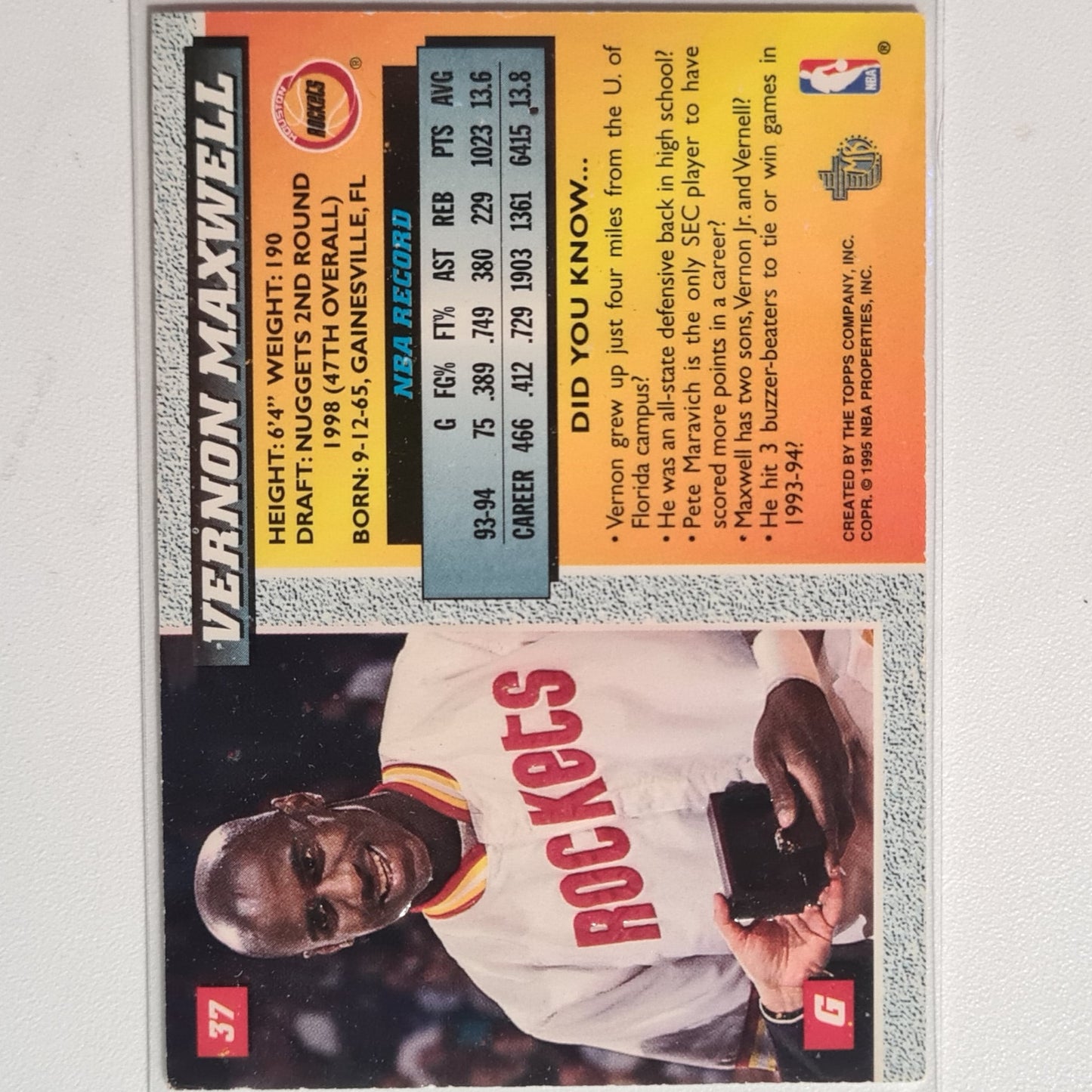 Vernon Maxwell 1995 Topps MB SILVER FOIL NBA CHAMPION #37 NBA Basketball Houston Rockets Fair sleeved
