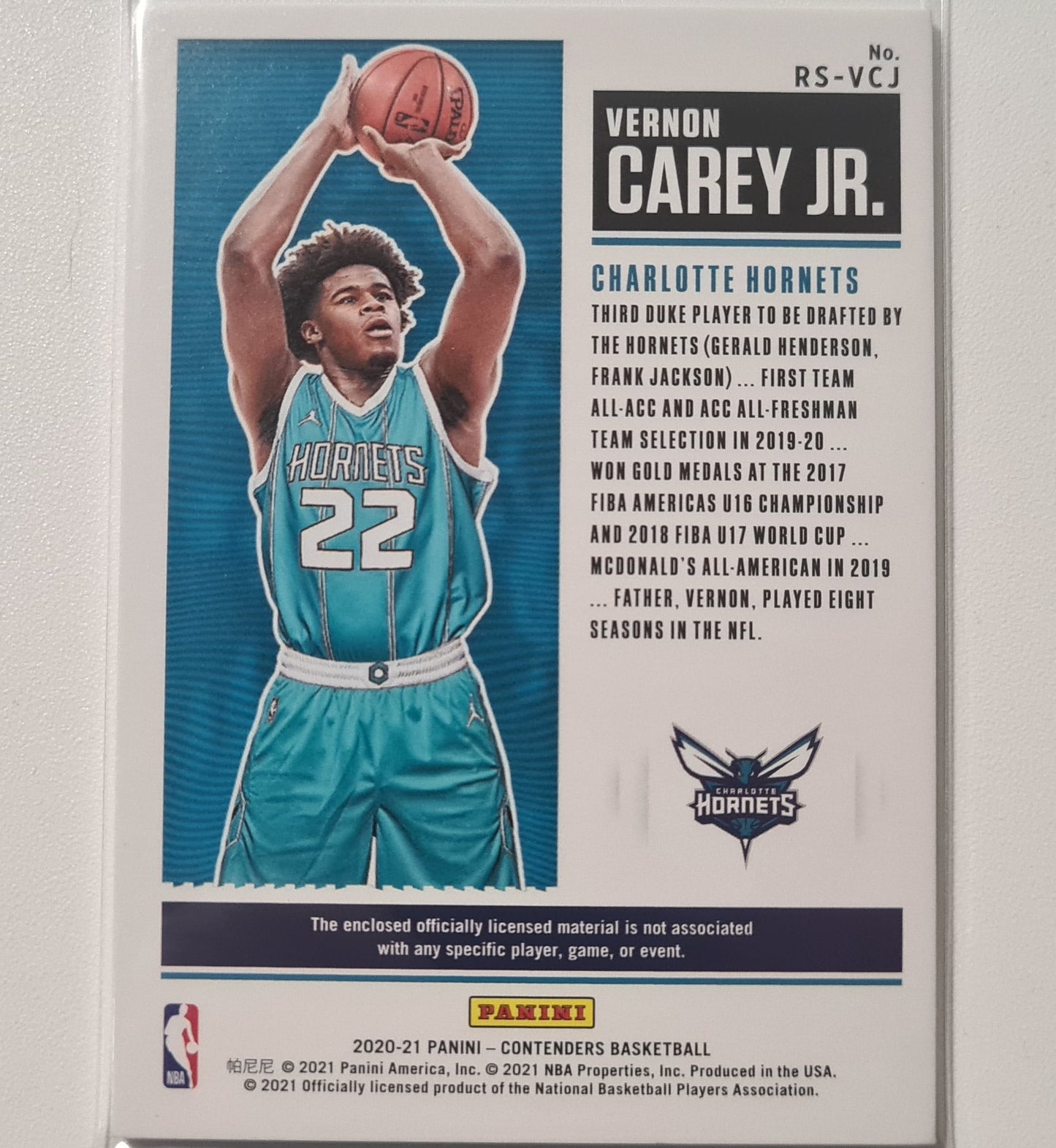 Vernon Carey Jr 2020-21 Panini Contenders Rookie Ticket RC Patch RS-VCJ NBA Basketball Charlotte Hornets Excellent sleeved