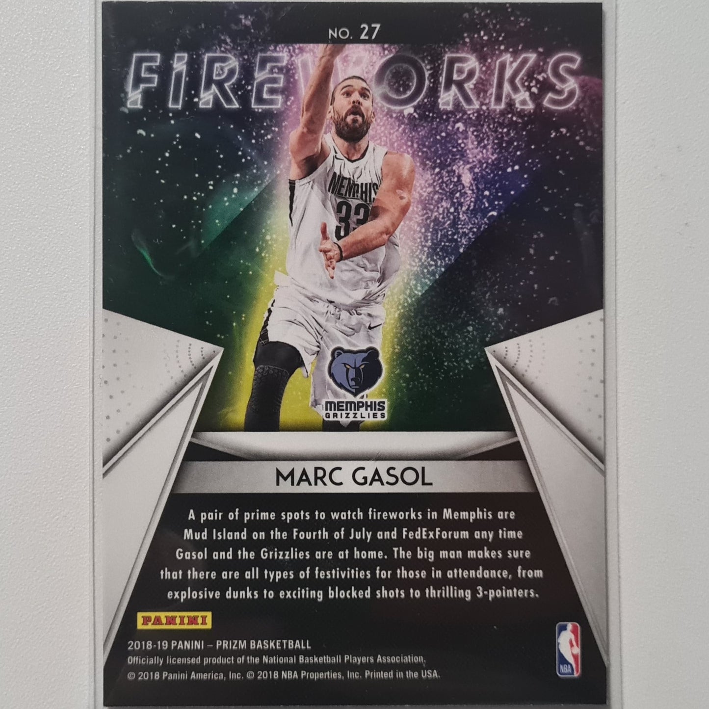 Marc Gasol 2018-19 Panini Prizm Fireworks insert #27 NBA Basketball Memphis Grizzlies Excellent sleeved