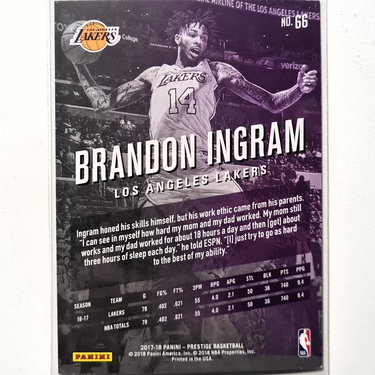 Brandon Ingram 2017-18 Panini Prestige #66 NBA Basketball LA Lakers very good sleeved