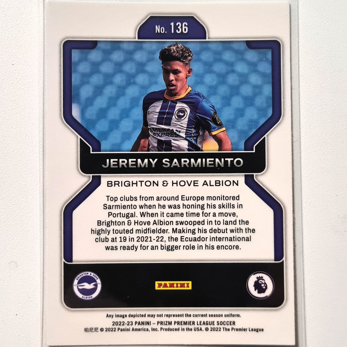 Jeremy Sarmiento 2022-23 Panini Prizm Premier League Rookie RC #136 Soccer Brighton & Hove Albion Mint sleeved