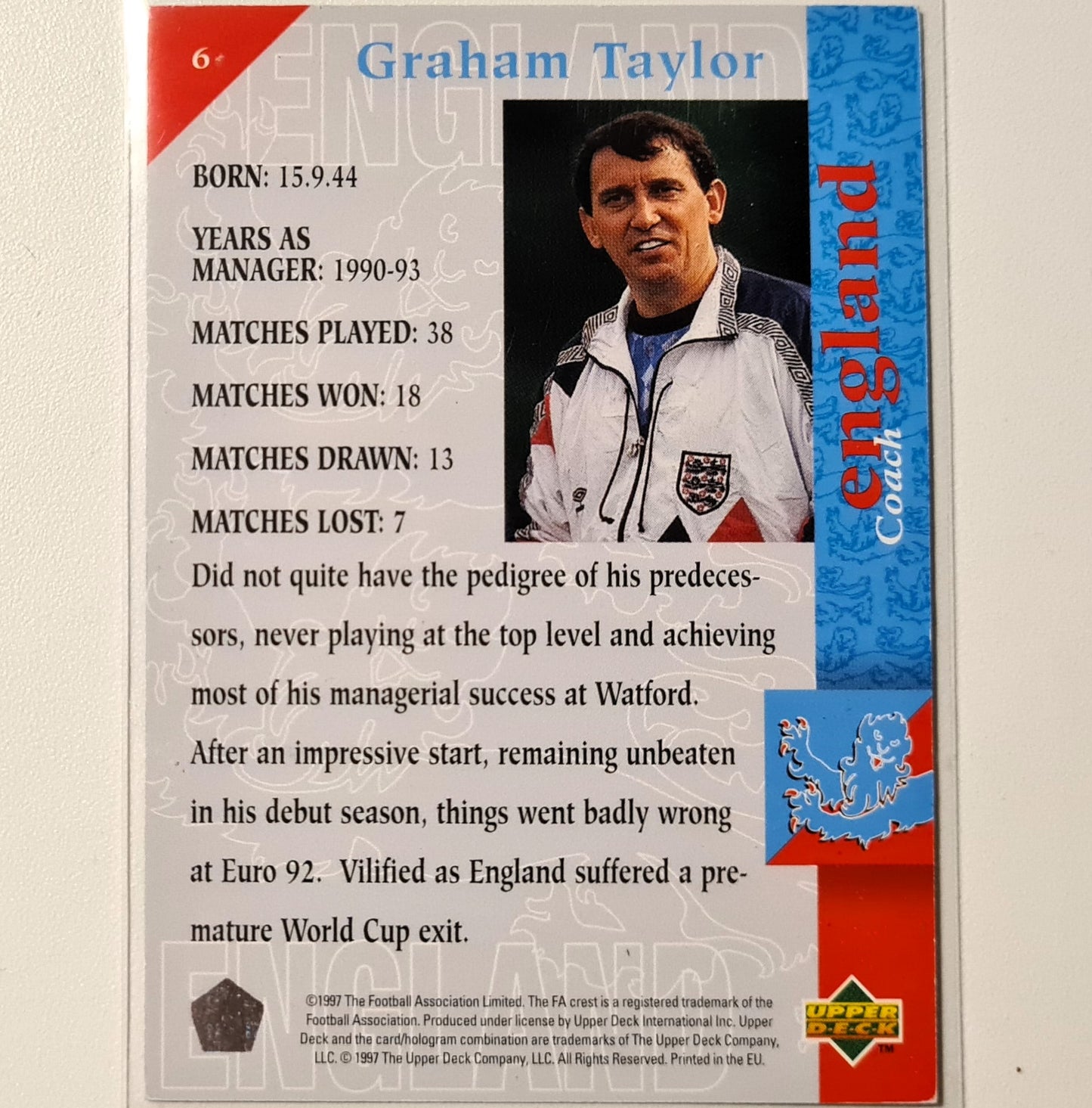 Graham Taylor 1997 Upper Deck England Soccer Call me coach #6 England World cup Good sleeved