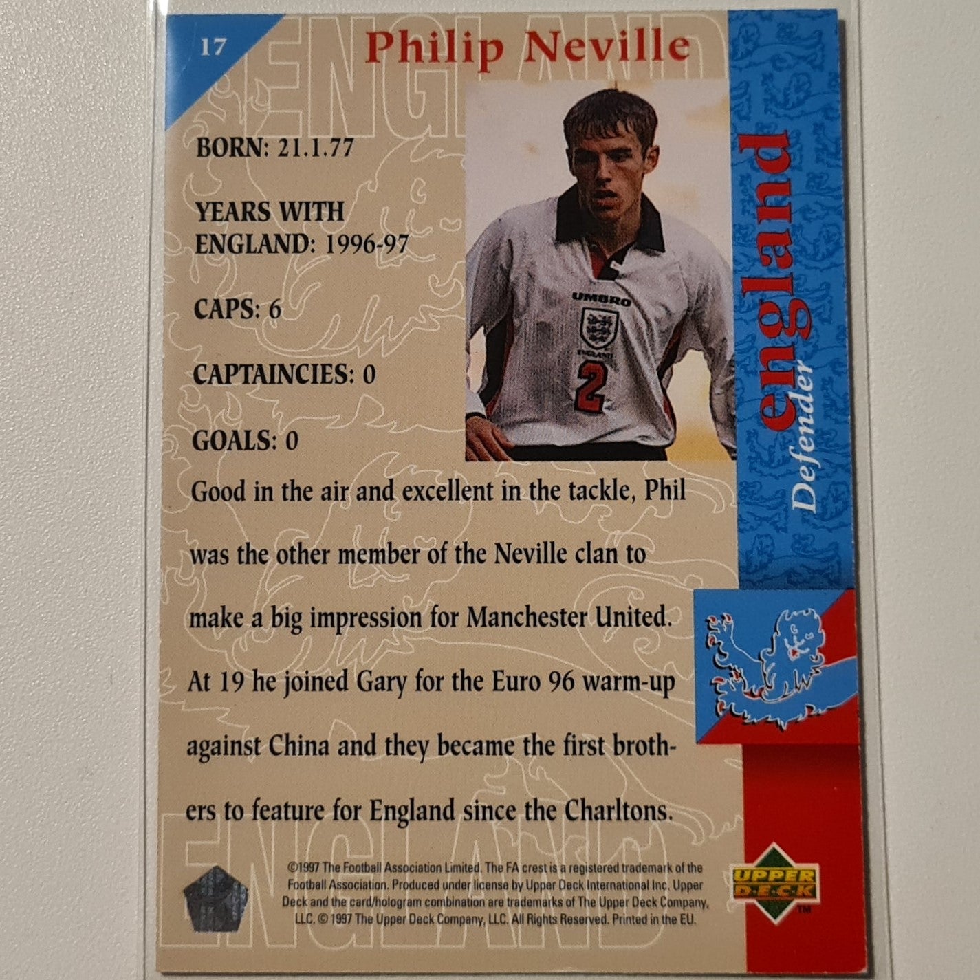 Philip Neville 1997 Upper Deck England Soccer The Squad #17 England World cup Good sleeved