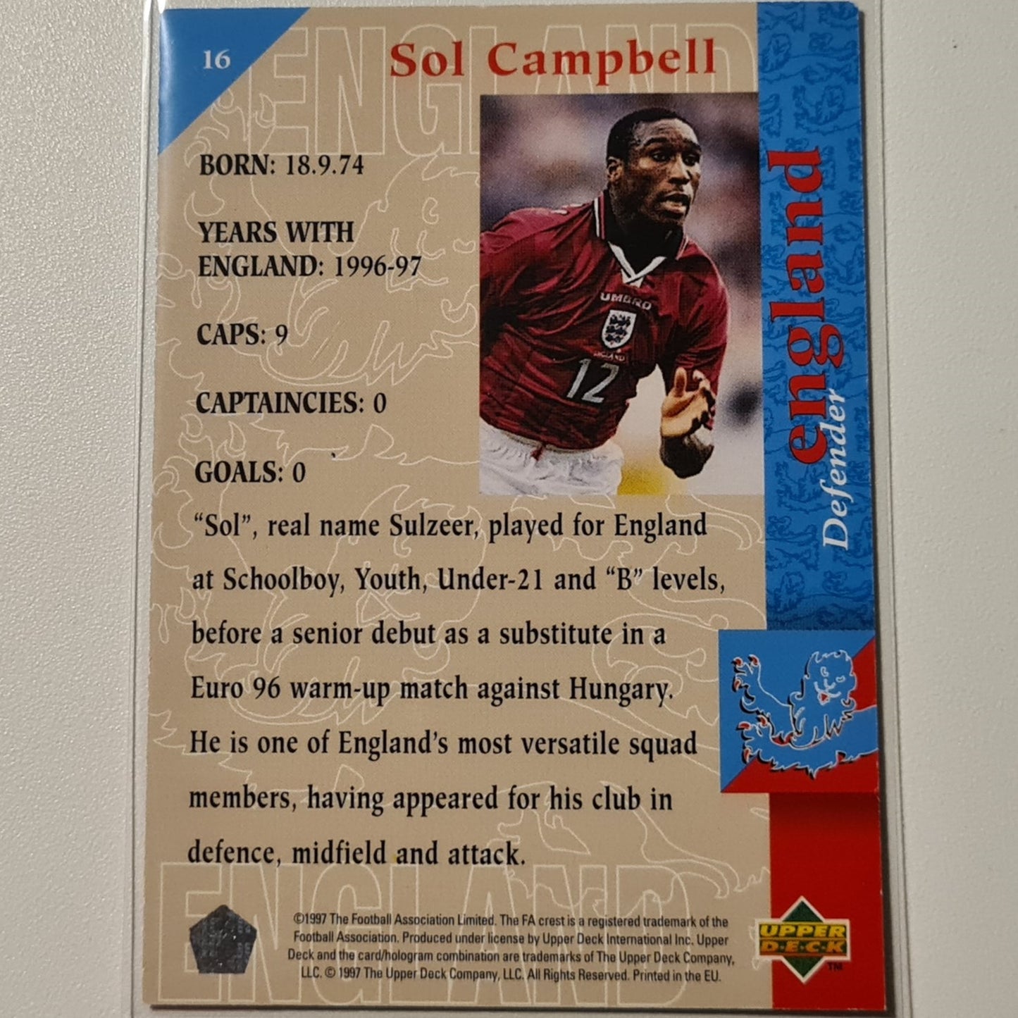 Sol Campbell 1997 Upper Deck England Soccer On the edge #16 England World cup Good sleeved