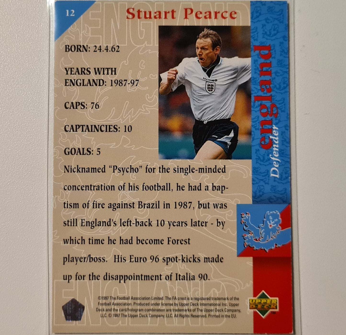 Stuart Pearce 1997 Upper Deck England Soccer The Squad #12 England World cup Good sleeved