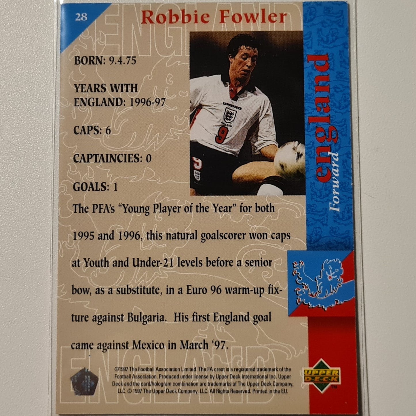 Robbie Fowler 1997 Upper Deck England Soccer The Squad #28 England World cup Good sleeved