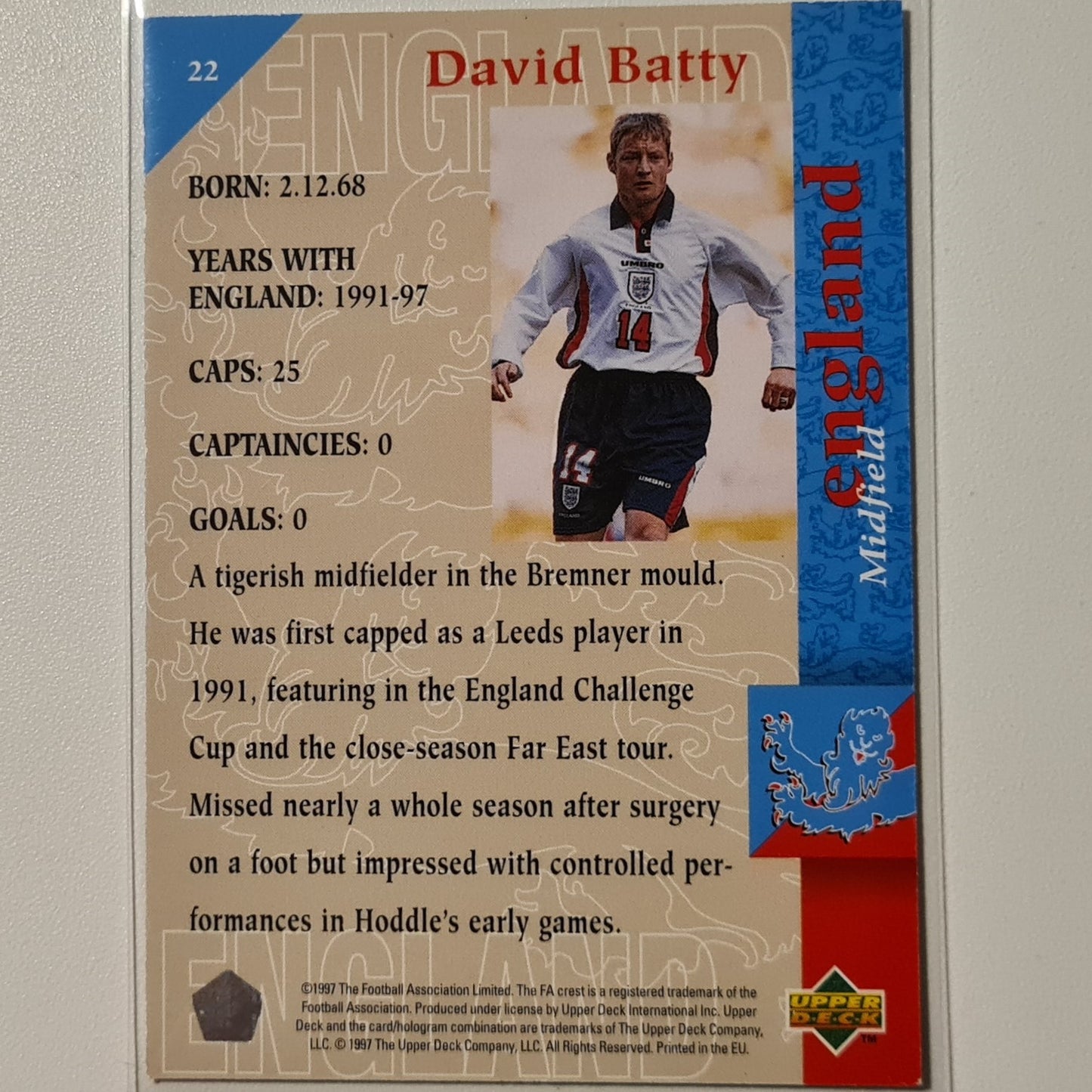 David Batty 1997 Upper Deck England Soccer On the edge #22 England World cup Good sleeved