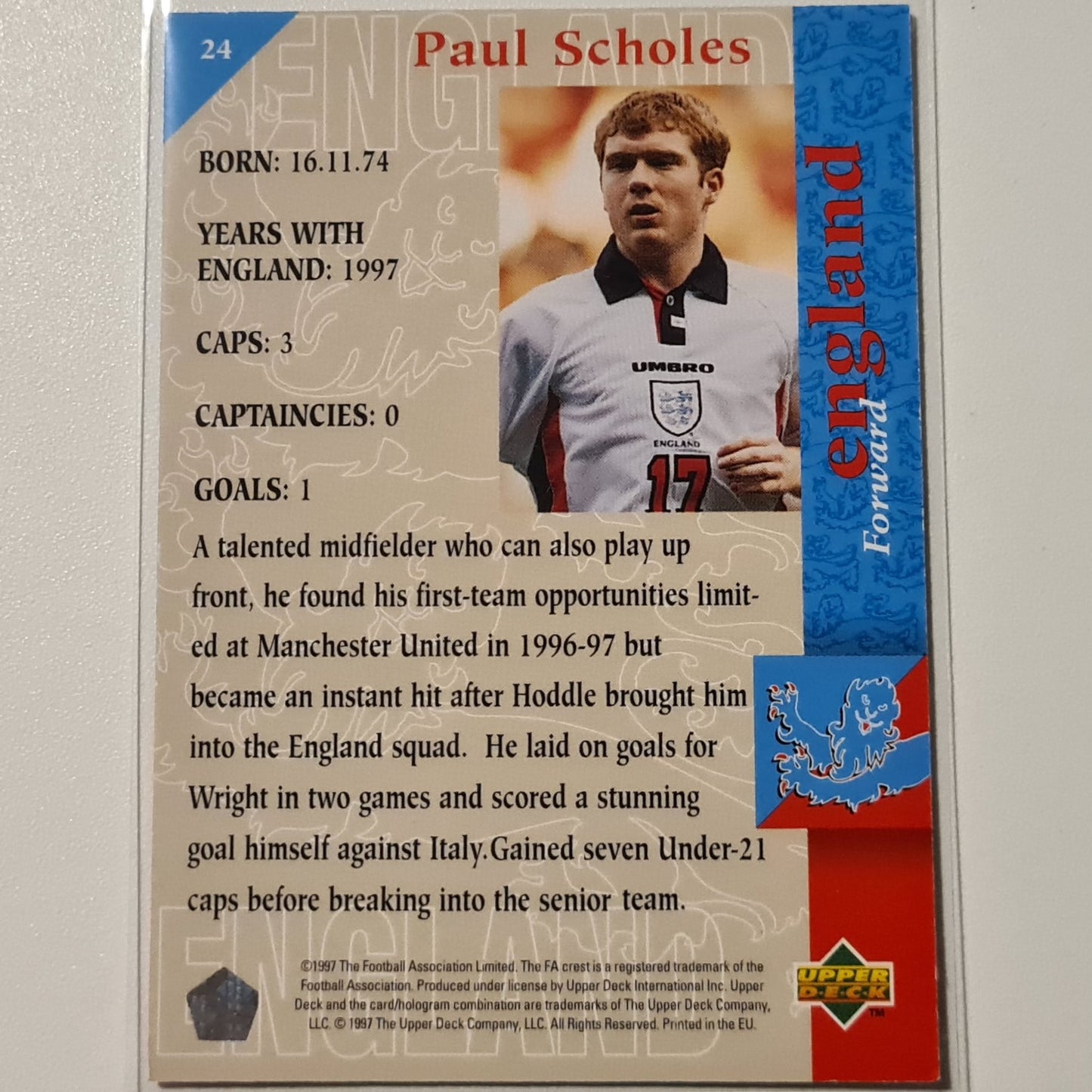 Paul Scholes 1997 Upper Deck England Soccer The Squad #24 England Weltmeisterschaft Gutärmelig