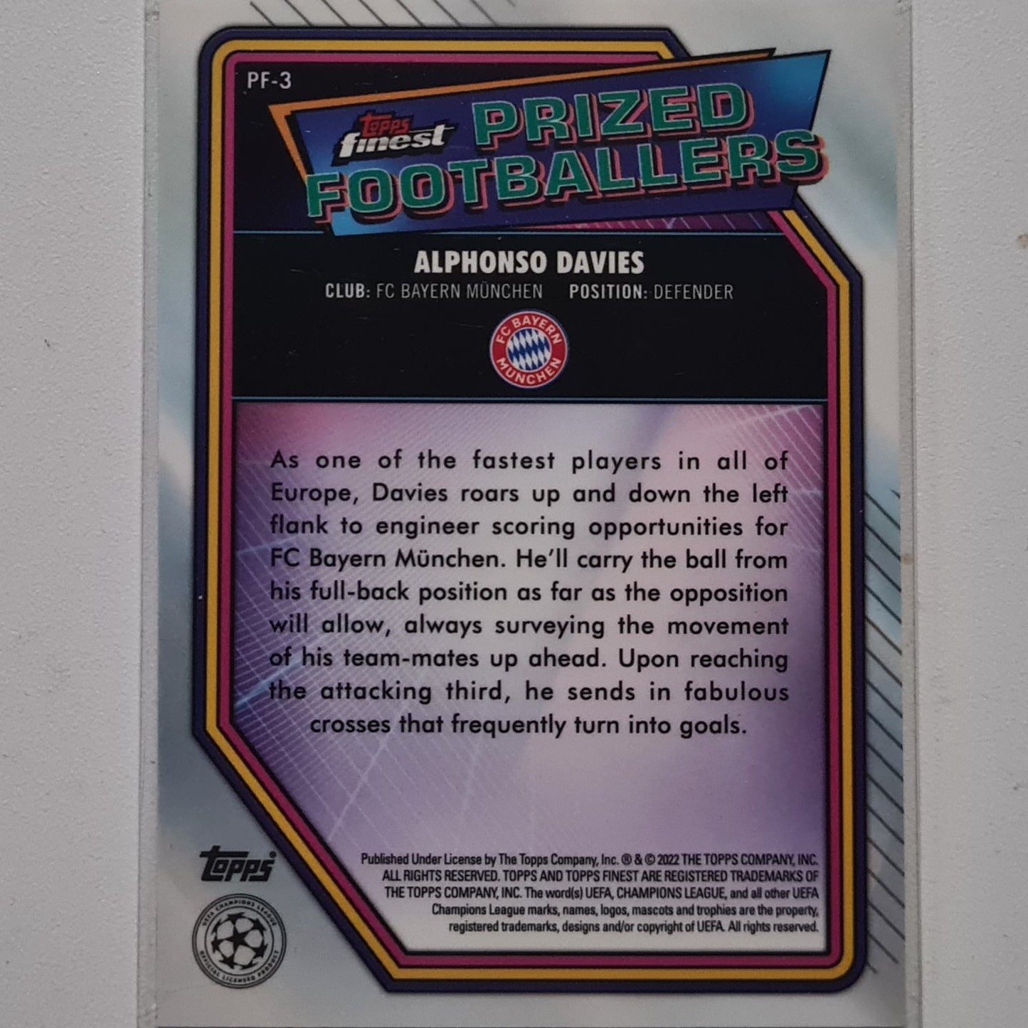 Alphonso Davies 2022-23 Topps Finest Prized footballers PF-3 Soccer Football Bayern Munich Excellent-Mint Sleeved