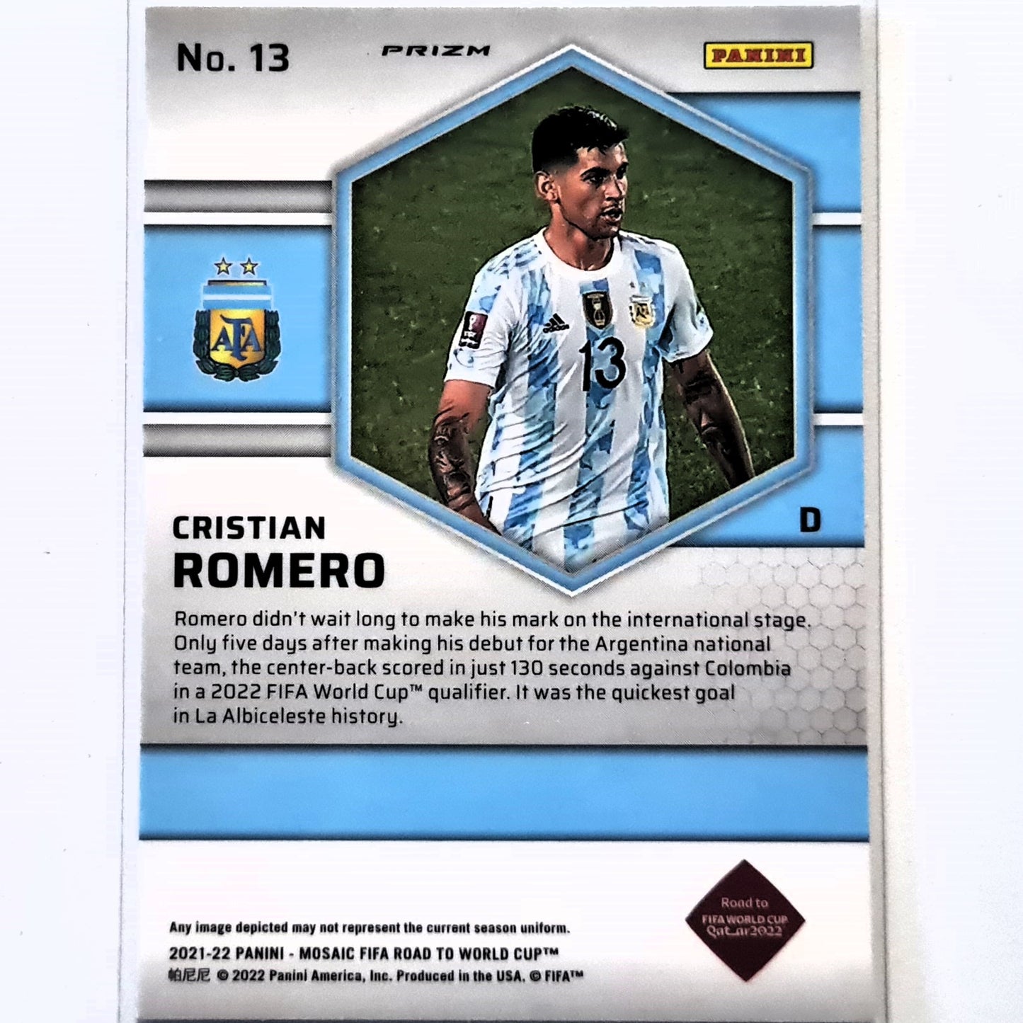 Cristian Romero 2022-23 Panini Mosaic Fifa road to the world cup Prizm #13 Soccer Argentina Excellent-Mint Sleeved