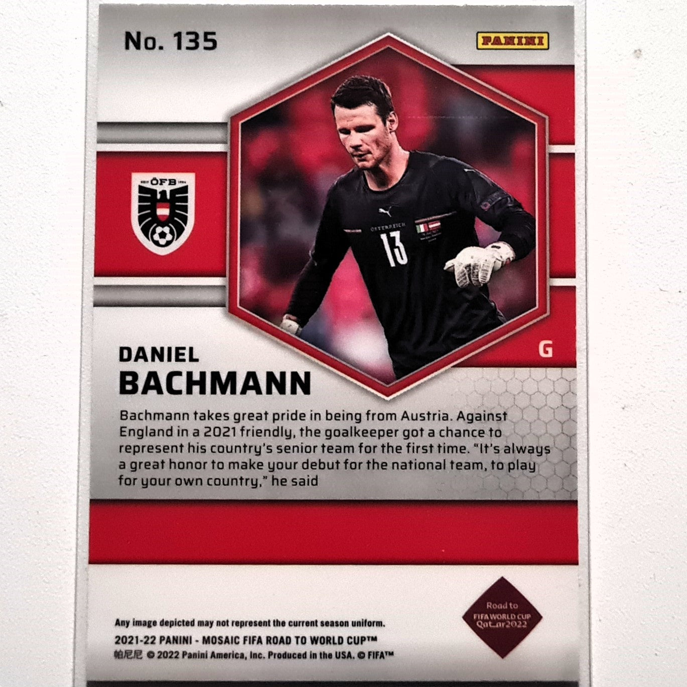 Daniel Bachmann 2021-22 Panini Mosaic Fifa road to the world cup Rookie RC #135 Soccer Austria Excellent-Mint Sleeved