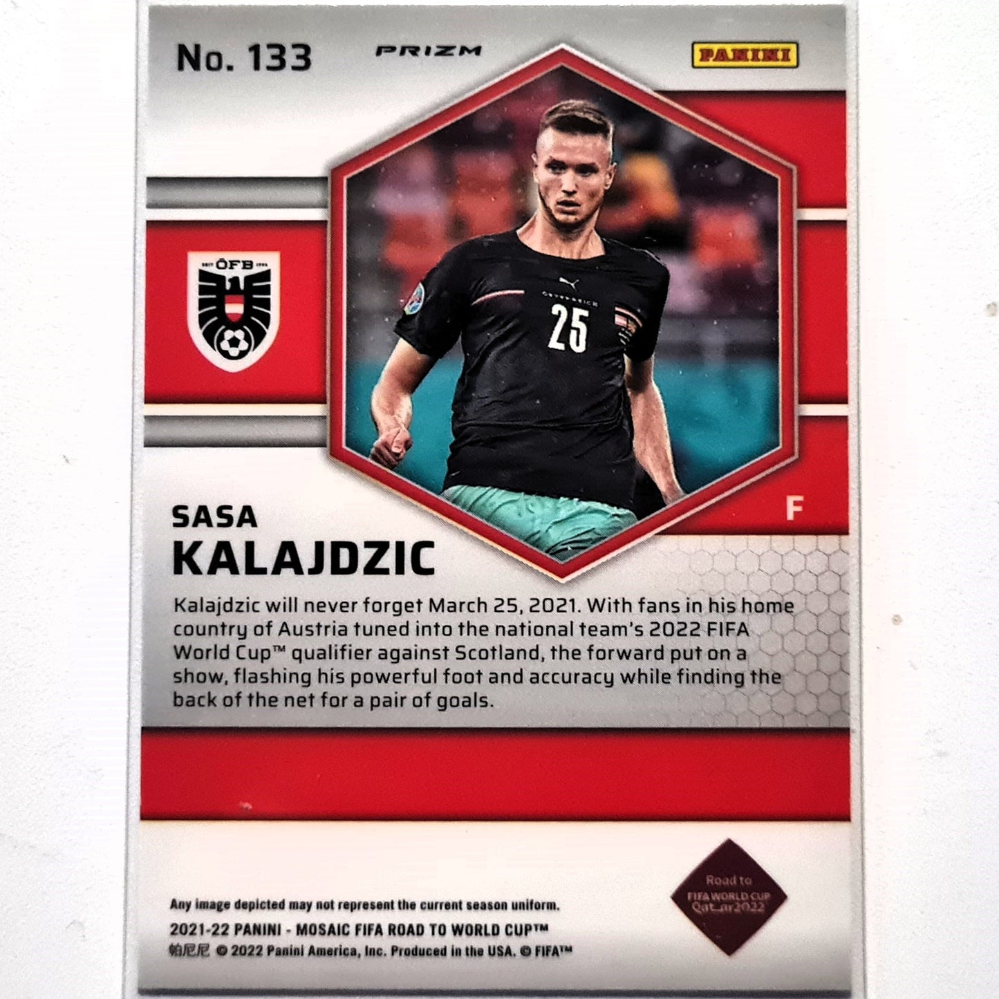 Sasa Kalajdzic 2021-22 Panini Mosaic Fifa road to the world cup Rookie RC Prizm #133 Soccer Austria Excellent-Mint Sleeved