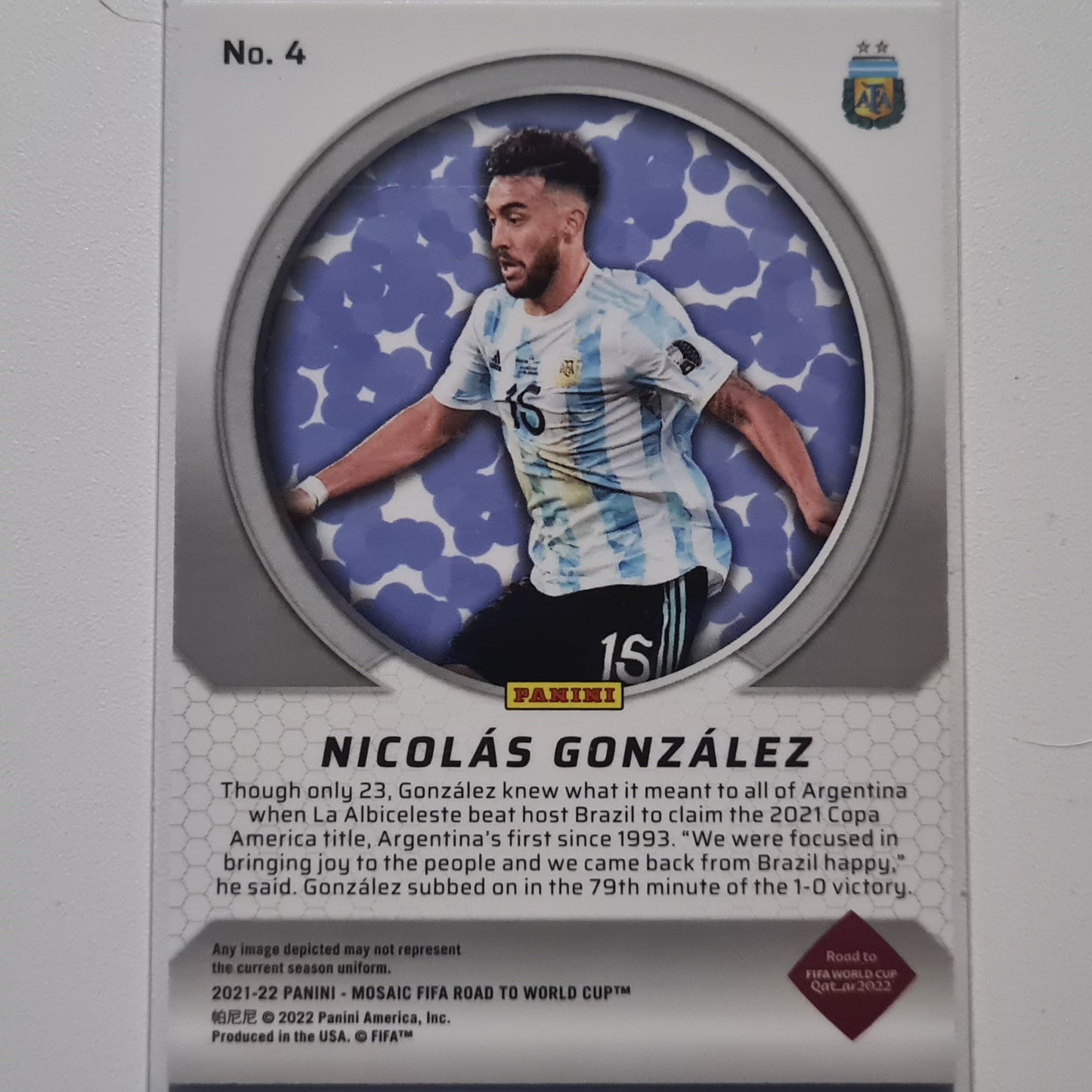 Nicolas Gonzalez 2021-22 Panini Mosaic FIFA road to world cup Men of Mastery #4 Soccer Argentina Mint Sleeved