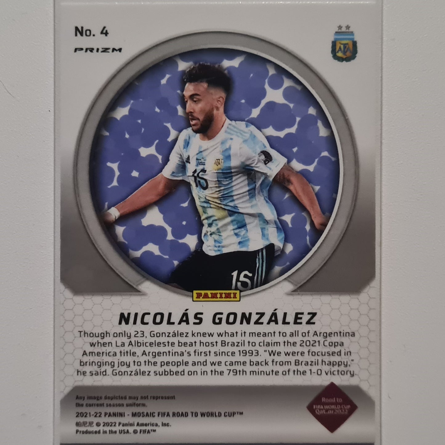 Nicolas Gonzalez 2021-22 Panini Mosaic FIFA road to world cup Men of Mastery Prizm #4 Soccer Argentina Mint Sleeved