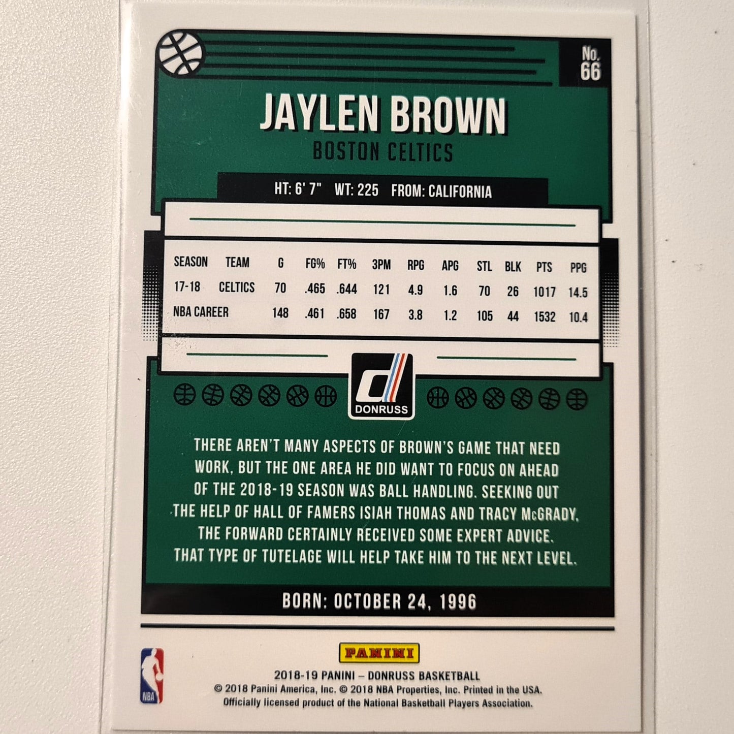 Jaylen Brown 2018-19 Panini Donruss #66 NBA Basketball Boston Celtics Excellent-Mint Sleeved