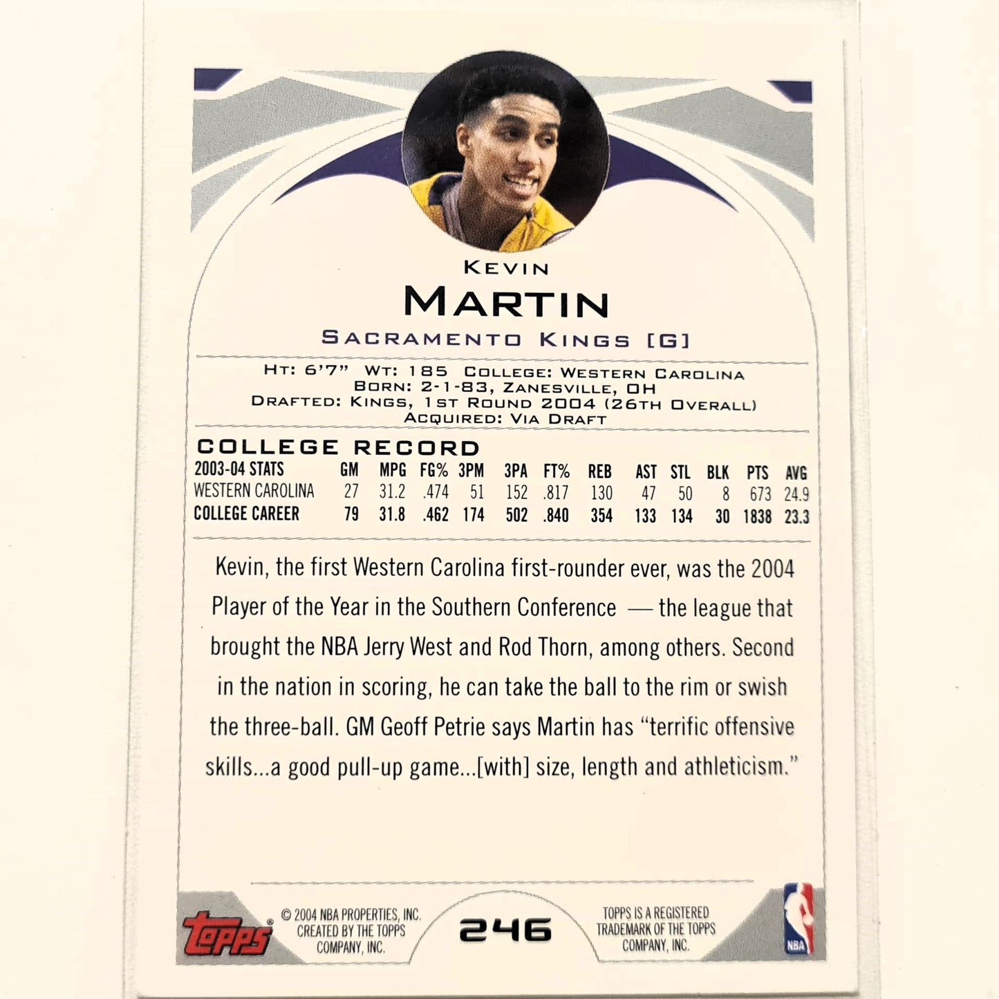 Kevin Martin 2004 Topps Rookie Card #246 NBA Basketball Sacramento Kings Very Good Sleeved