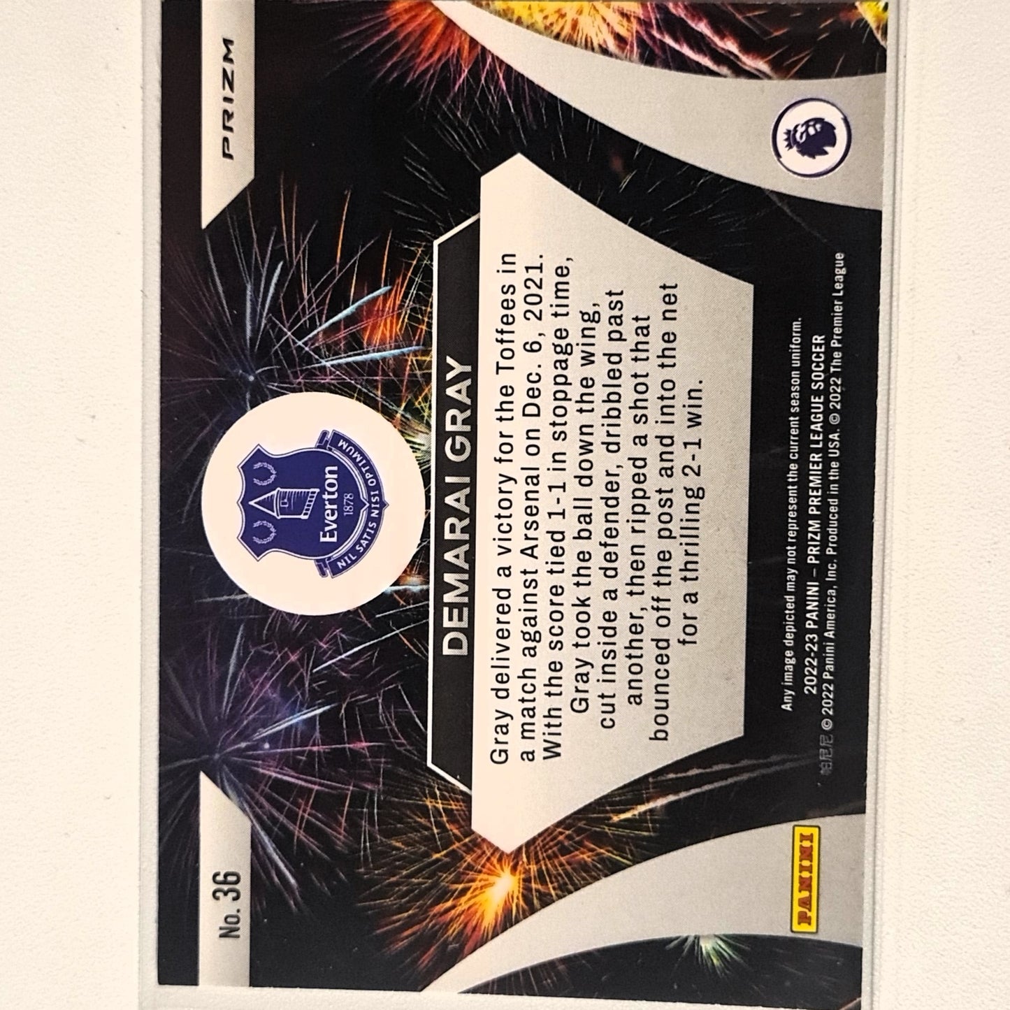 Demarai Gray 2022-23 Panini Prizm Premier League Fireworks refractor #36 Soccer Football Everton Excellent-Mint Sleeved