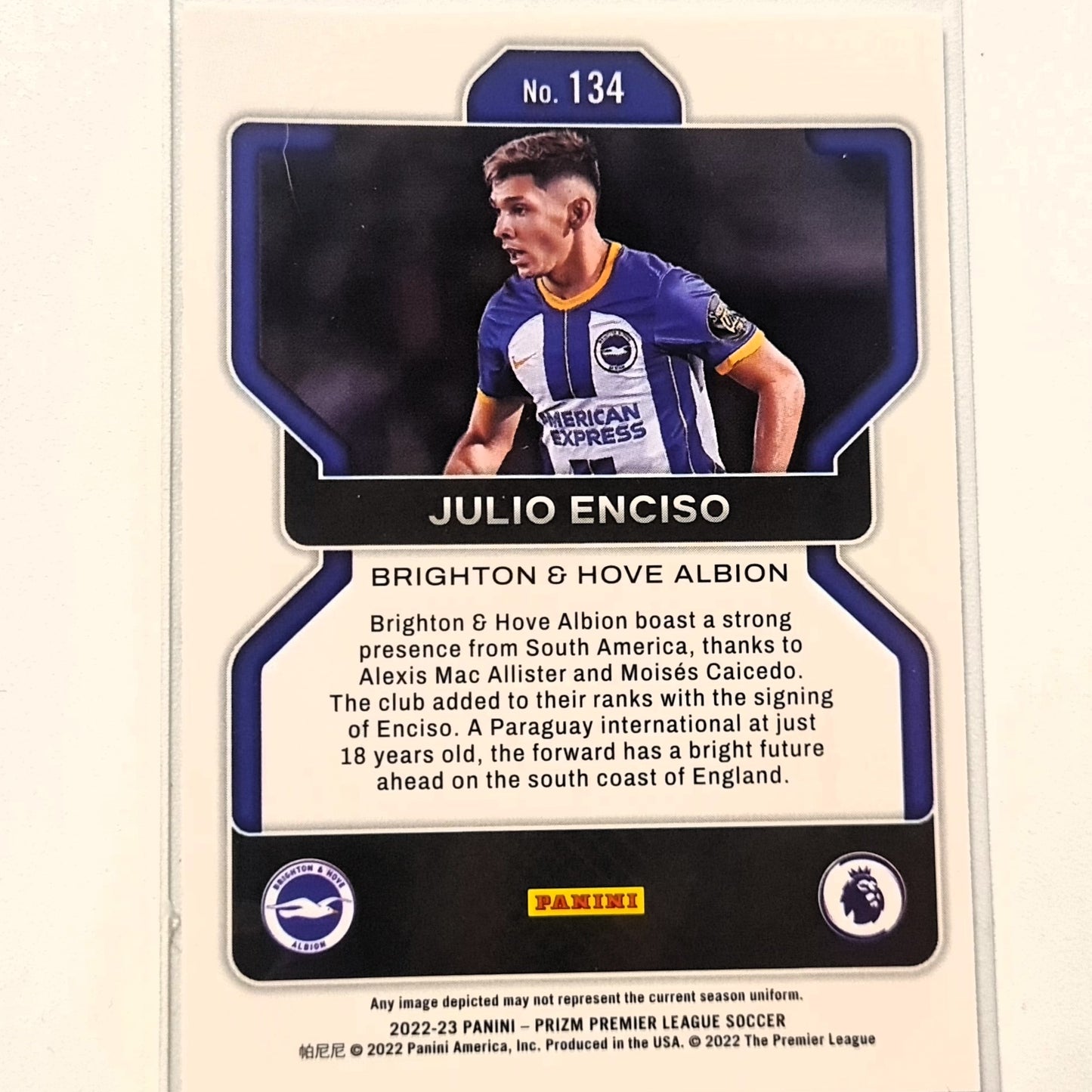 Julio Enciso 2022-23 Panini Prizm Premier League Rookie RC #134 Soccer Football Brighton & Hove Albion Excellent-Mint Sleeved