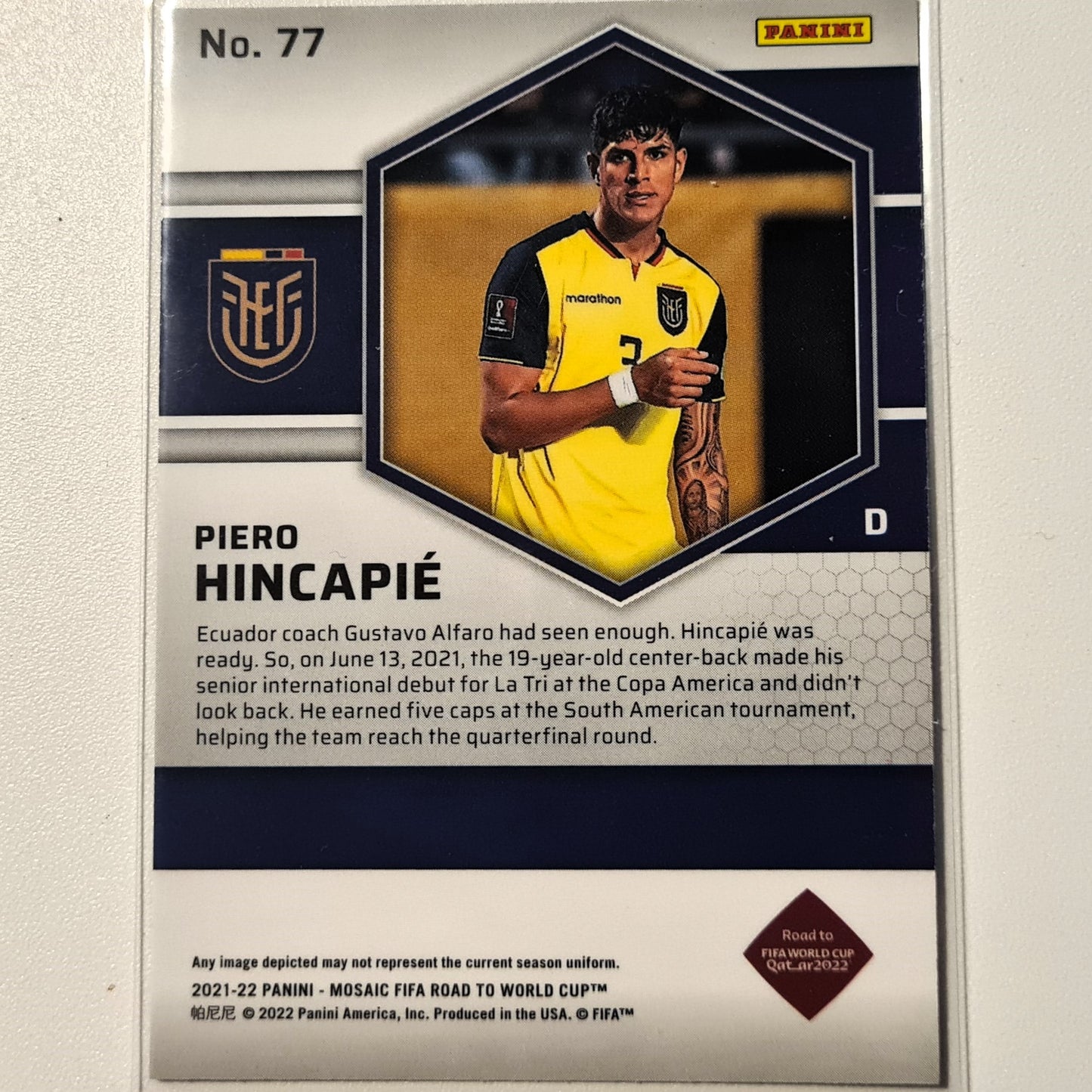 Piero Hincapie 2021-22 Panini Mosaic Fifa road to the world cup Rookie RC #77 Soccer Ecuador Excellent-Mint Sleeved