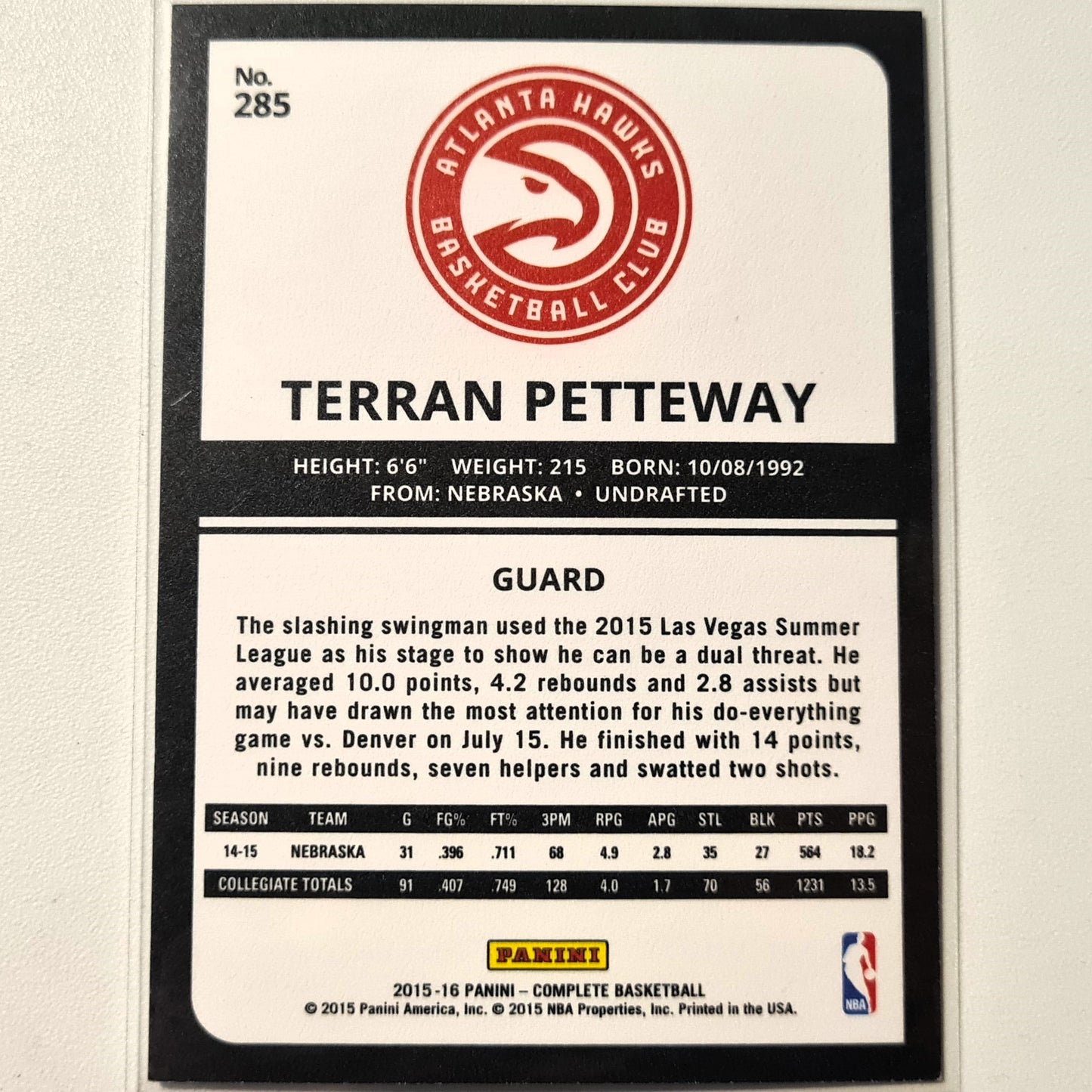 Terran Petteway 2015-16 Panini Complete Rookie RC #247 NBA Basketball Atlanta Hawks Excellent-Mint Sleeved