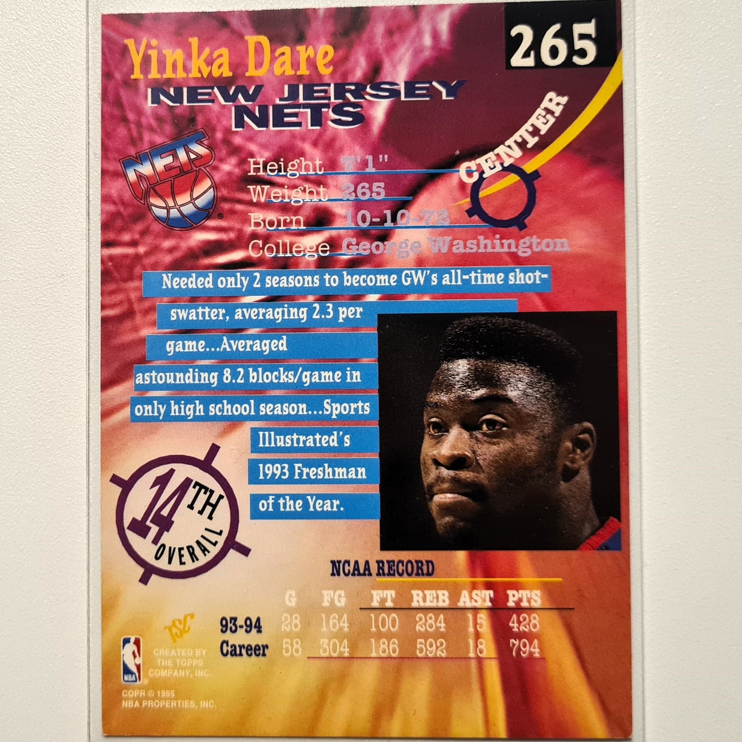 Yinka Dare 1995 Topps Stadium club draft pick 94 Rookie RC #265 NBA Basketball New Jersey Nets Very good-Excellent Sleeved