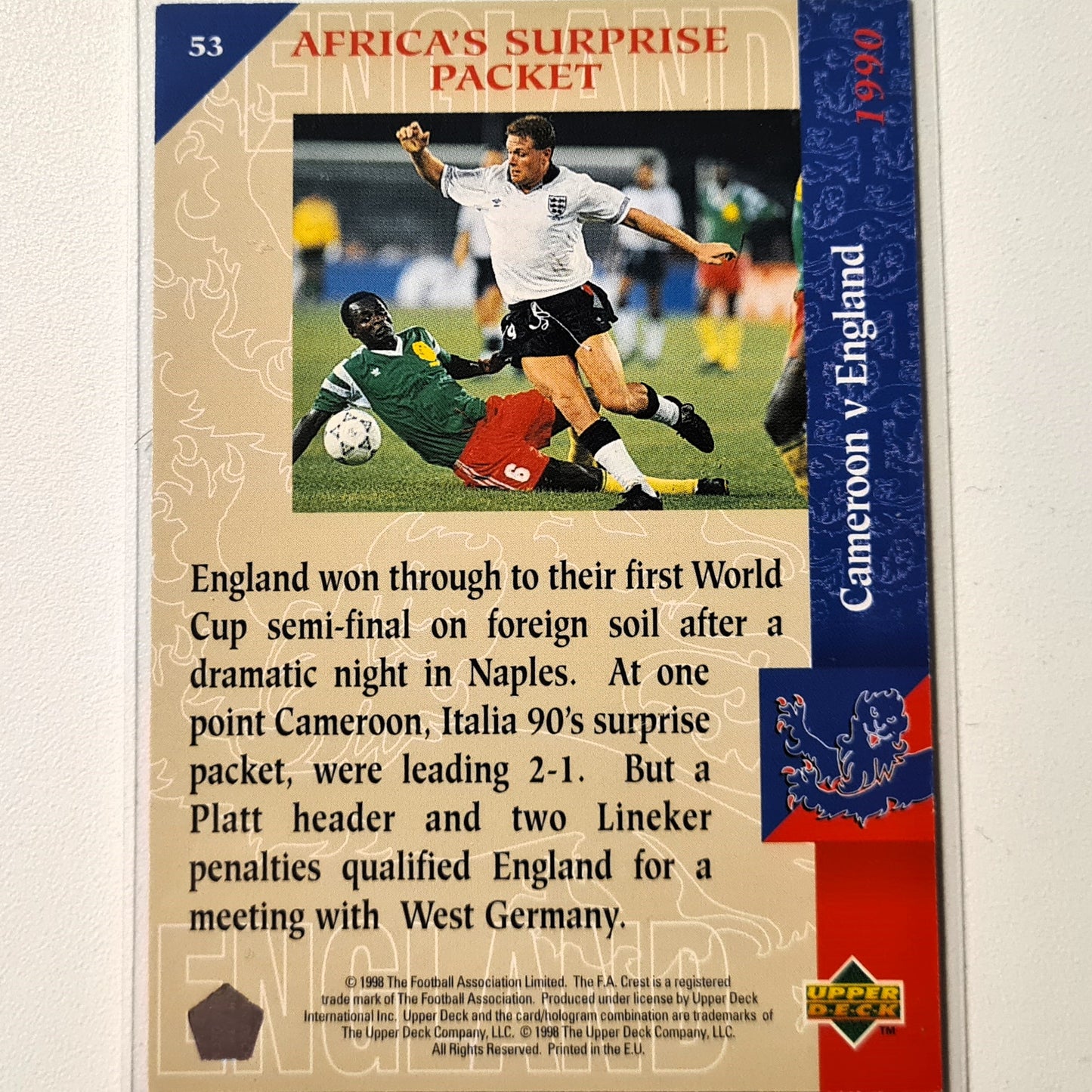 Kamerun gegen England 1997 Upper Deck England Fußball Tolle Spiele Nr. 53 England Weltmeisterschaft Sehr gute Ärmel