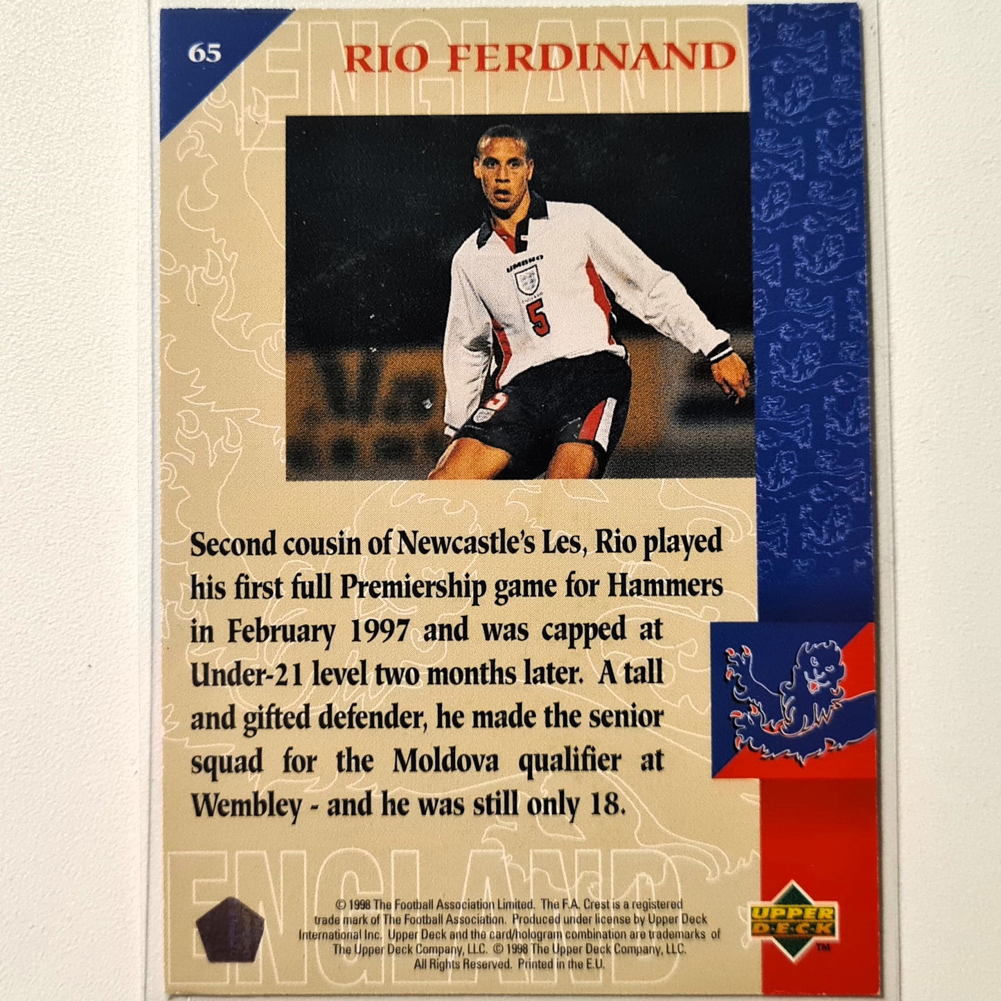 Rio Ferdinand Rookie RC 1997 Upper Deck England Soccer on the edge #65 England World cup Fair sleeved