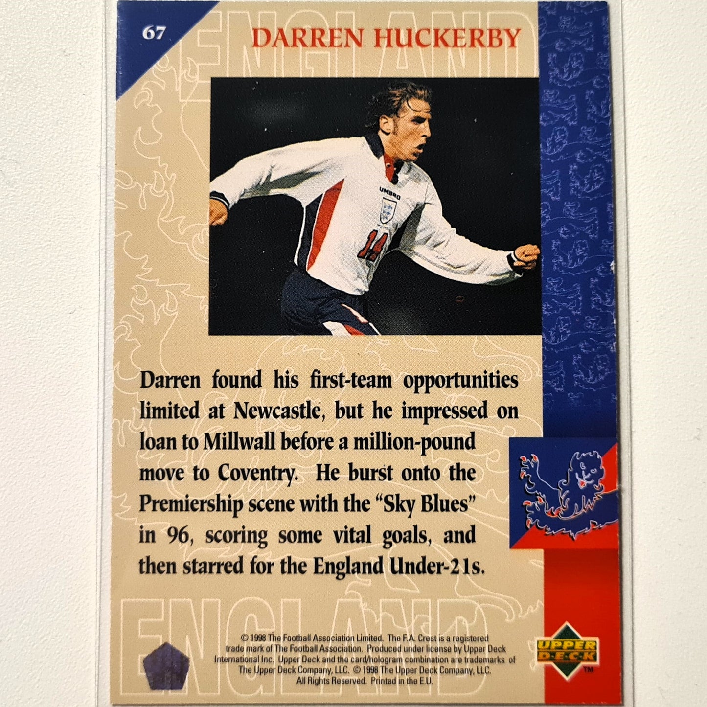 Darren Huckerby 1997 Upper Deck England Soccer on the edge #67 England World cup Very good sleeved