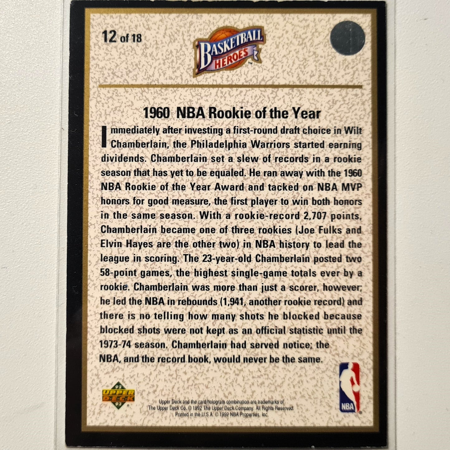 Wilt Chamberlain 1992 Upper-Deck Basketball Heroes rookie of the year 12 of 18 NBA Basketball Philadelphia Fair/good sleeved