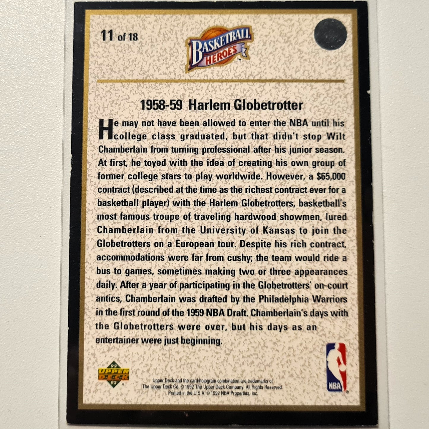 Wilt Chamberlain 1992 Upper-Deck Basketball Heroes Harlem Globetrotter 11 von 18 NBA Basketball Philadelphia 76ers In Ordnung/gute Ärmel