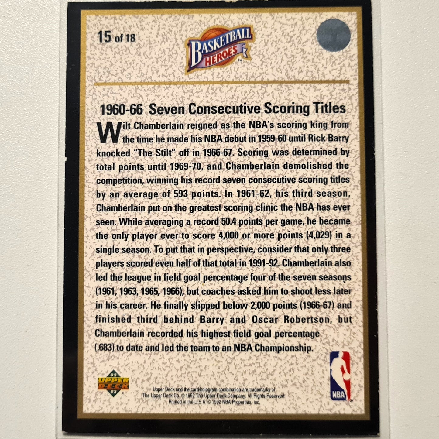 Wilt Chamberlain 1992 Upper-Deck Basketball Heroes Seven Consecutive scoring titles 15 of 18 NBA Basketball Philadelphia 76ers Fair/good sleeved