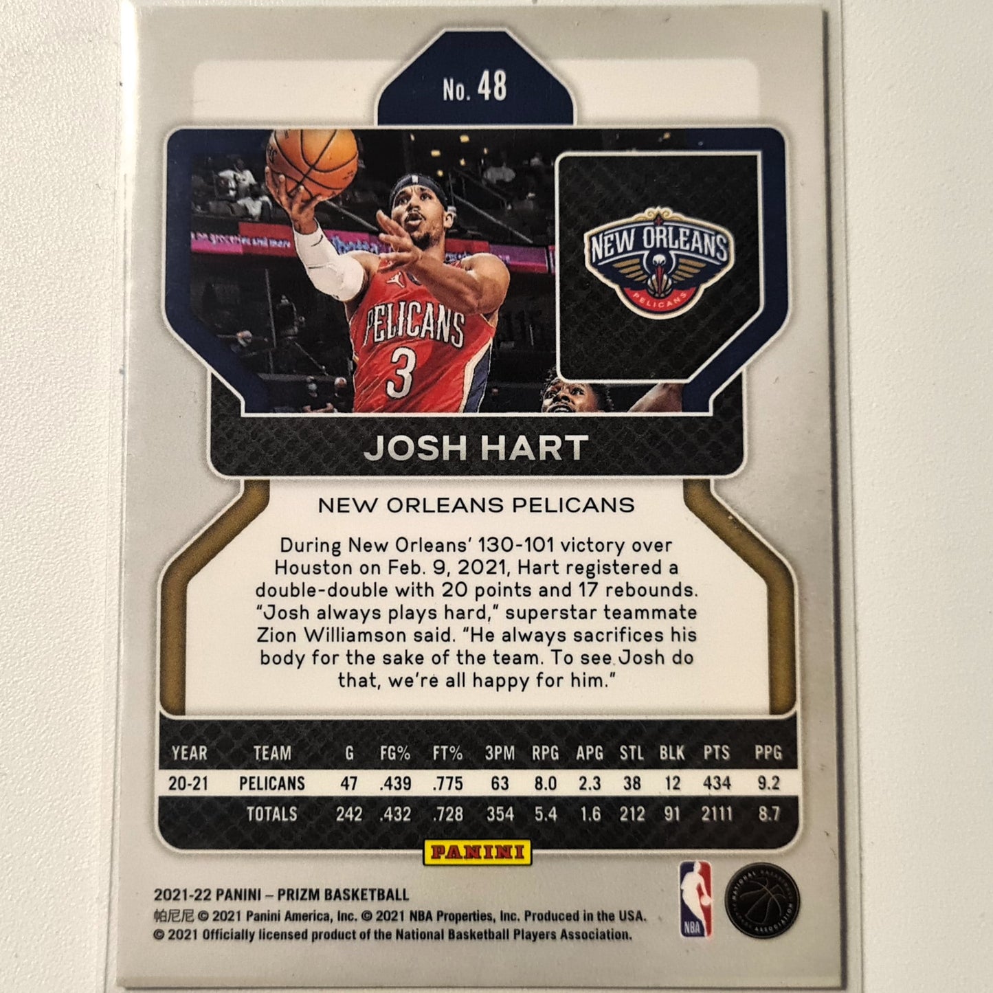 Josh Hart 2021-22 Panini Prizm #48 NBA Basketball New Orleans Pelicans Excellent sleeved