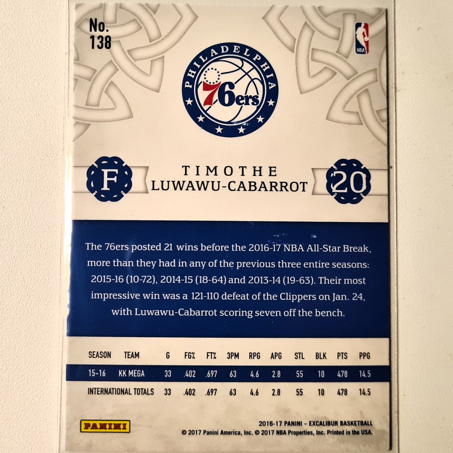 Timothe Luwawu-Cabarrot 2016-17 Panini Excalibur Rookie RC #138 NBA Basketball Philadelphia 76ers Excellent sleeved
