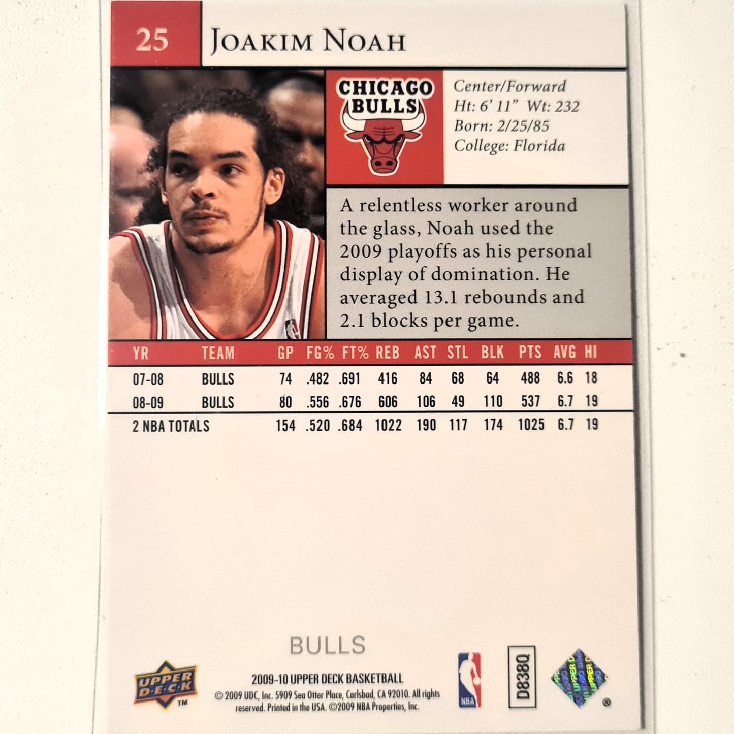 Joakim Noah 2009-10 Upper-Deck #25 NBA Basketball Chicago Bulls Excellent sleeved