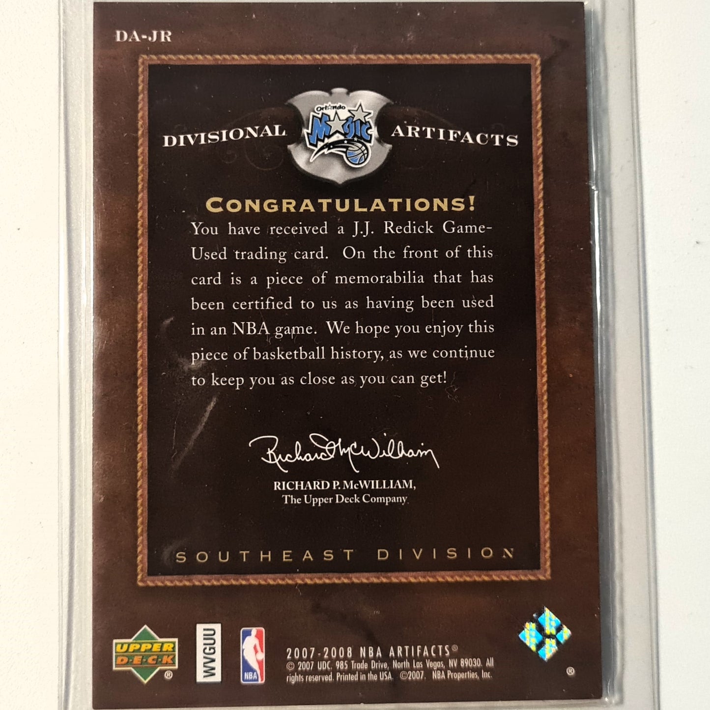 JJ Redick 2007-2008 Upper-Deck Divisional Artifacts patch numbered 111/250 DA-JR NBA Basketball Orlando Magic very good sleeved