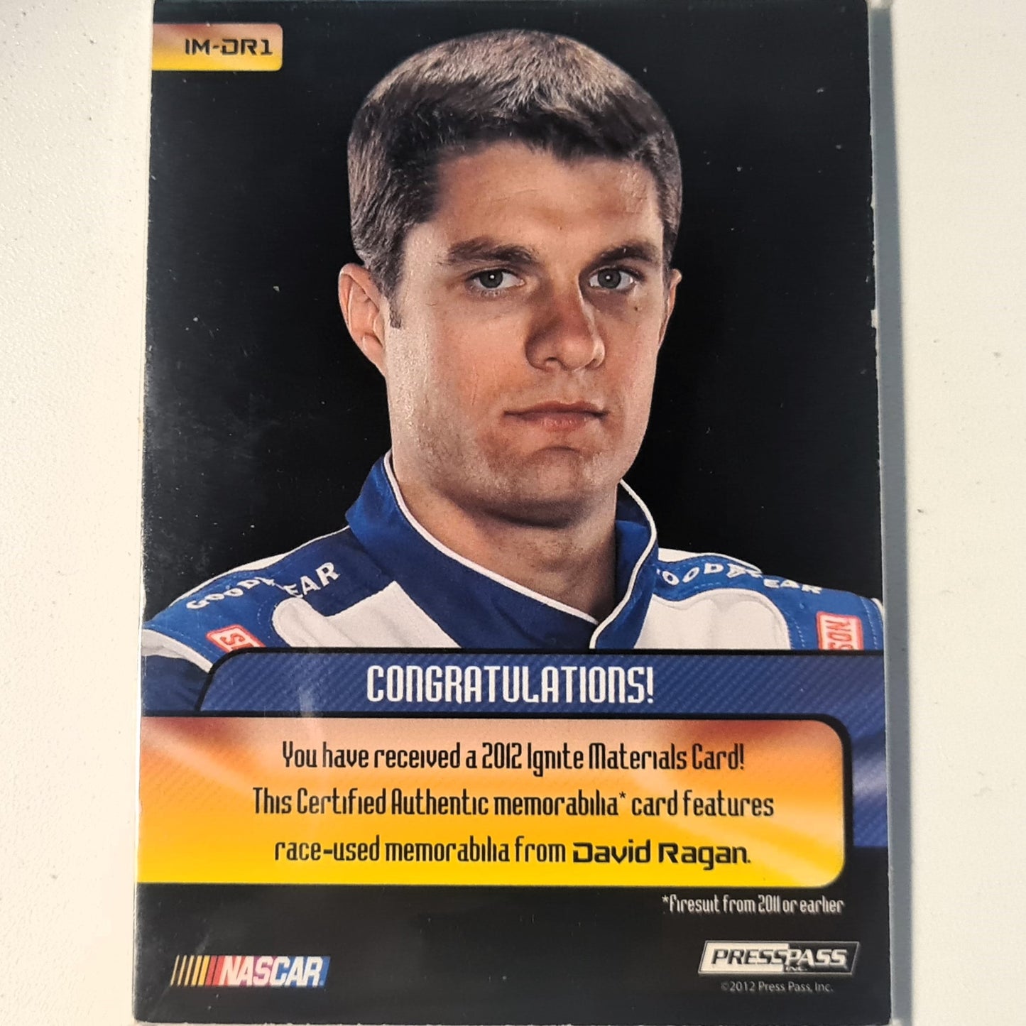 David Ragan 2012 Press pass Ignite race used materials patch Numbered 19/99 IM-DR1 Nascar Motorsports good/very good sleeved