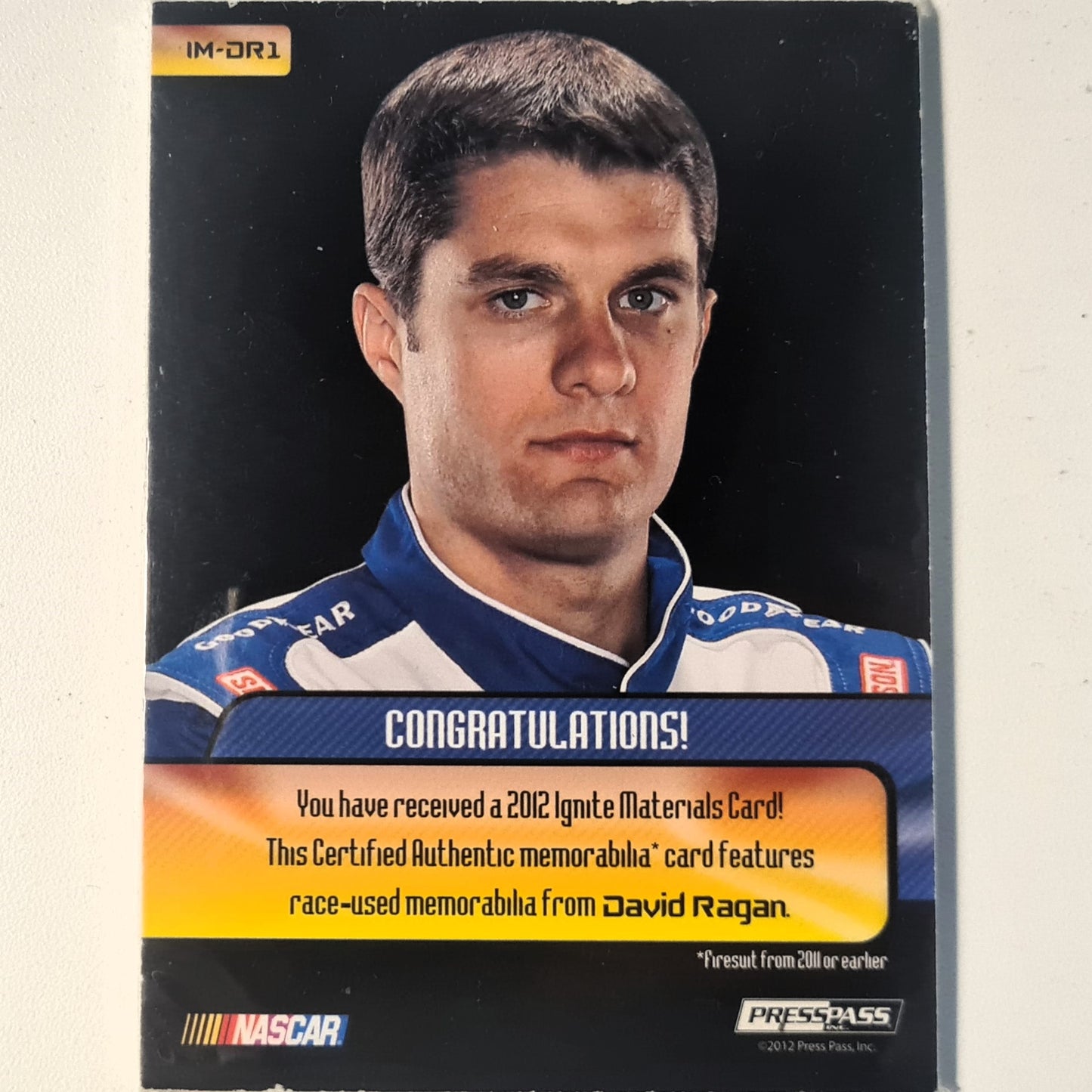 David Ragan 2012 Press pass Ignite race used materials patch IM-DR1 Nascar Motorsports good/very good sleeved