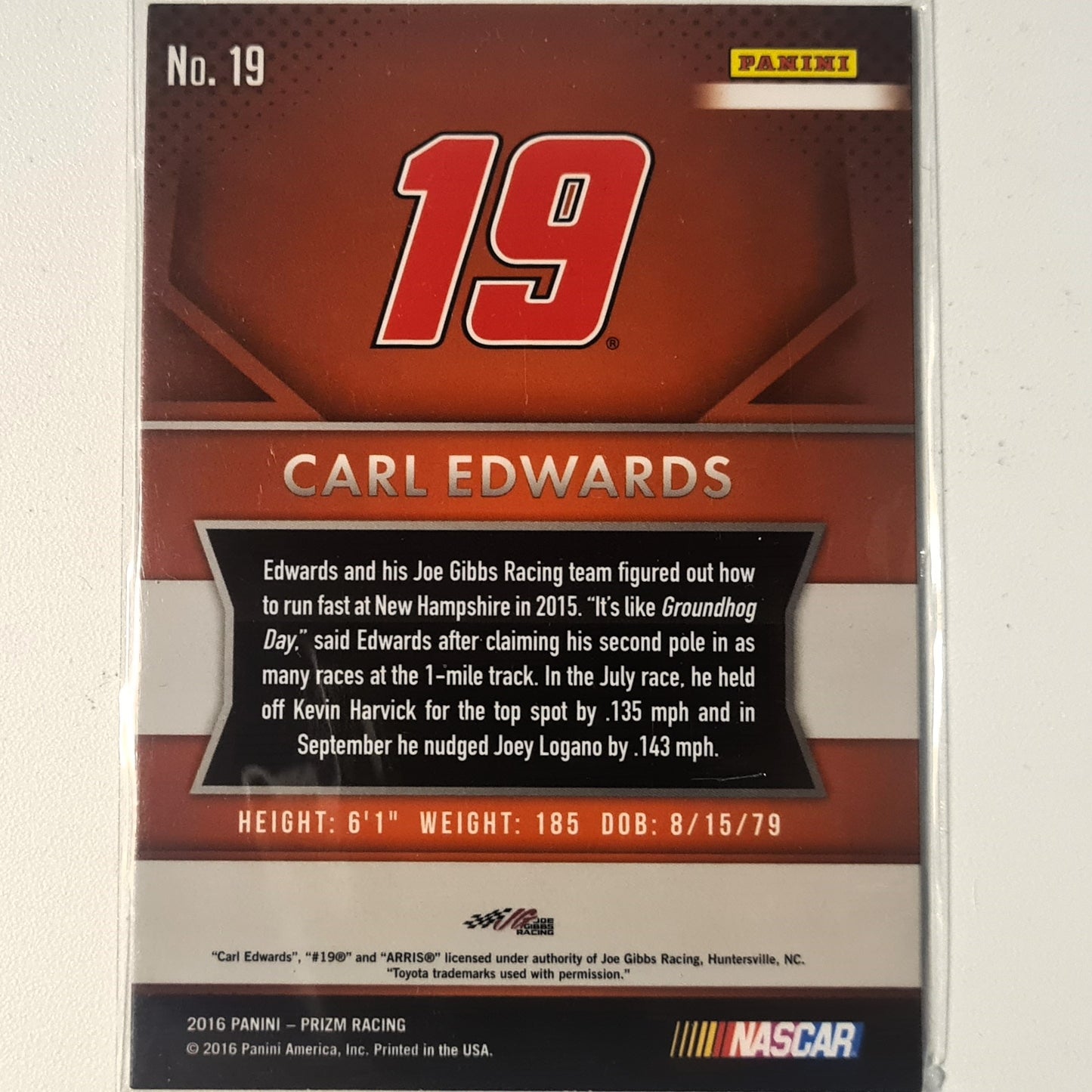 Carl Edwards 2016 Prizm Racing #19 Nascar Motorsports Excellent sleeved