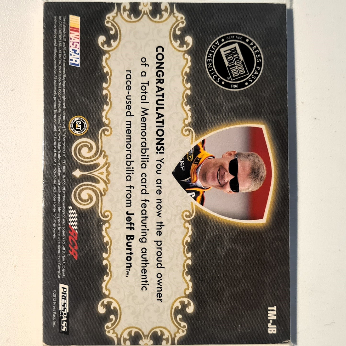 Jeff burton 2012 PRESSPASS Firesuit WINDOW NET NUMBERED 18/75 patch TM-JB Nascar Motorsports good sleeved