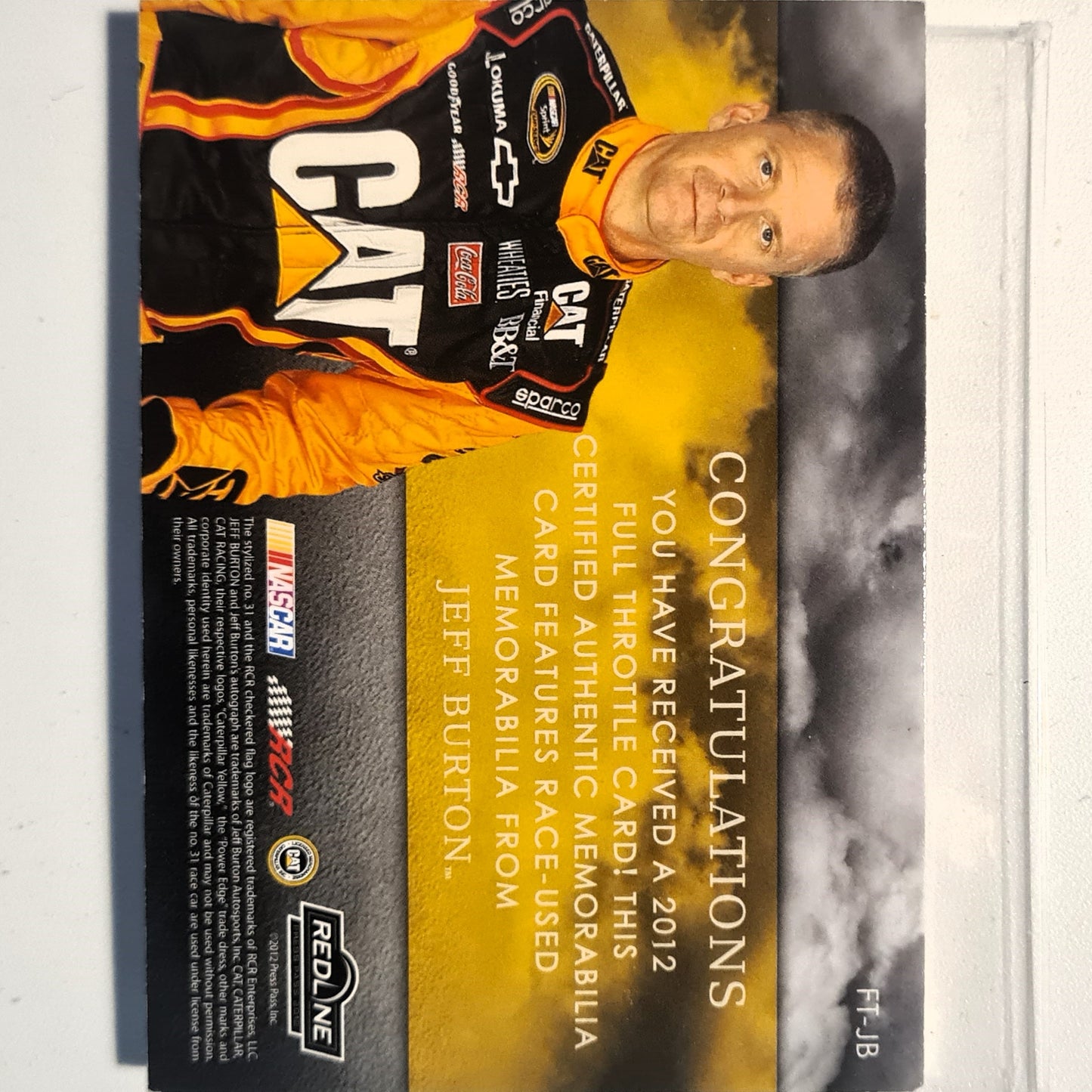 Jeff burton 2012 PRESSPASS Firesuit Sheet metal NUMBERED 20/75 patch FT-JB Nascar Motorsports good-very good sleeved