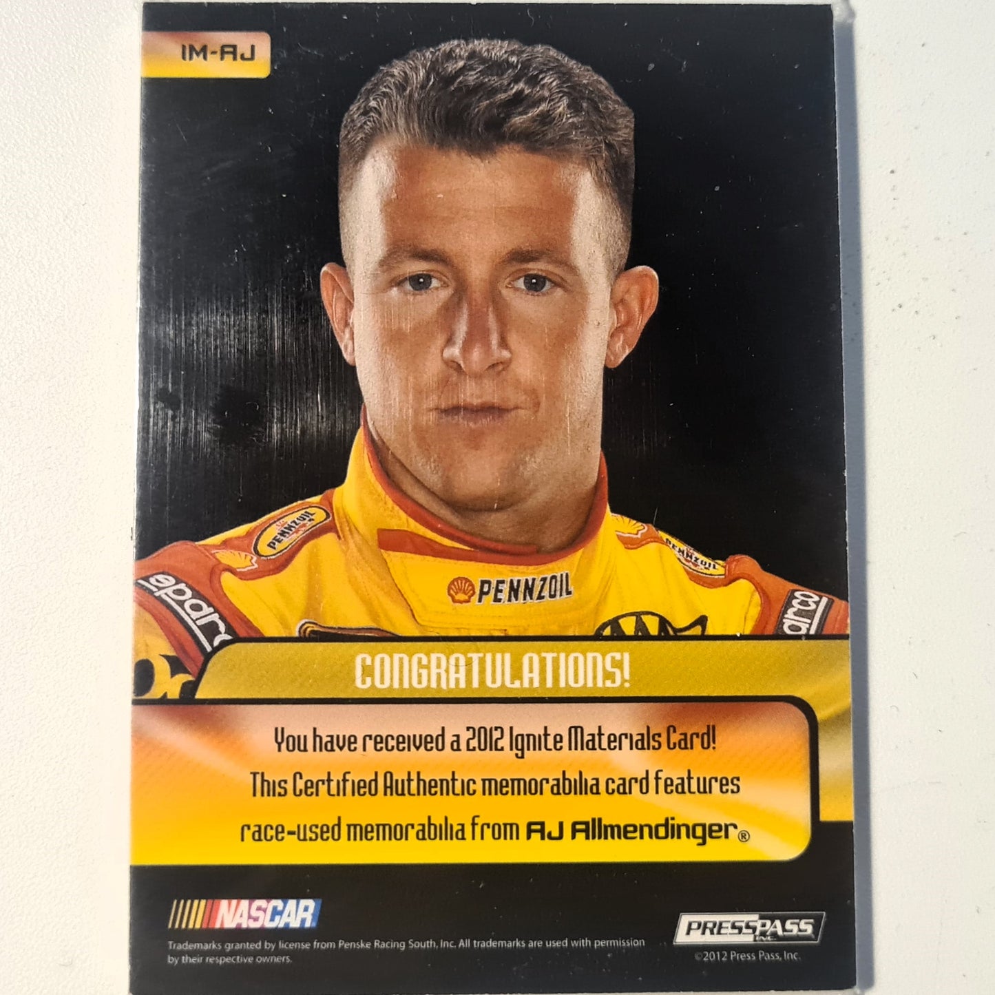 AJ Allmendinger 2012 Press pass Ignite race used materials patch IM-AJ Nascar Motorsports good/very good sleeved